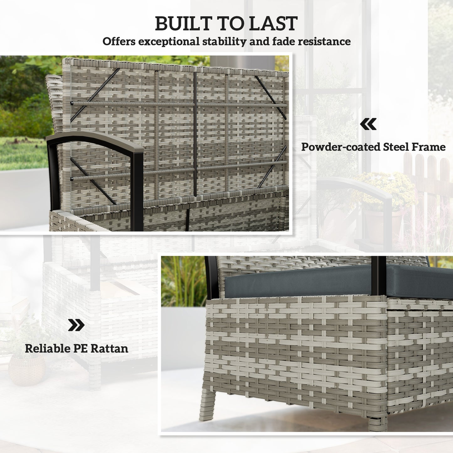 Outsunny 125L Garden Storage Bench 2 Seater PE Rattan Outdoor Storage Box With Padded Cushion Dark Grey