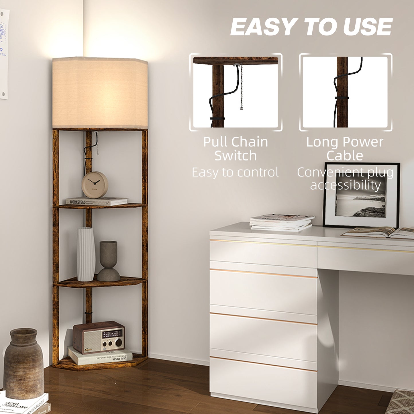 HOMCOM Corner Floor Lamp With Shelves Triangle Wood Effect Design Pull Chain Top Light Soft Fabric Shade