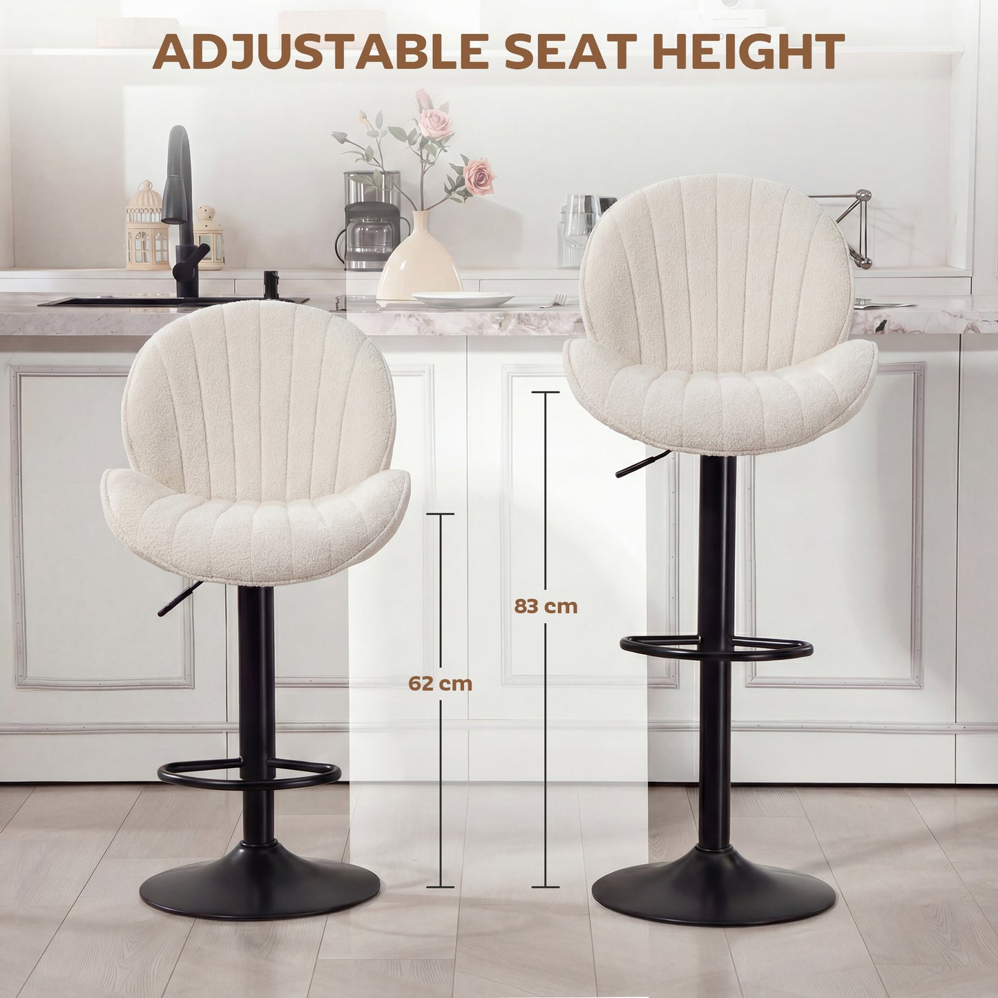HOMCOM Bar Stools Set Of 2 Swivel Bar Stools With Back Adjustable Height Gas Lift 360 Degree Cream For Kitchen Island