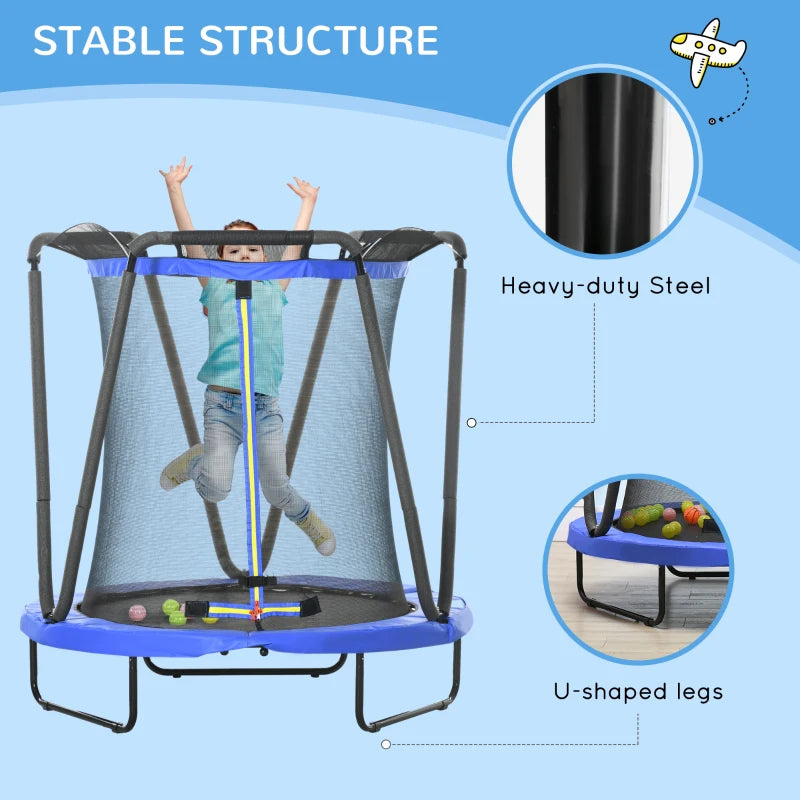 ZONEKIZ 4.6FT Kids Trampoline with Enclosure, Basketball Hoop, Sea Balls - Blue | Suitable for Ages 3-10 Years - ALL4U RETAILER LTD