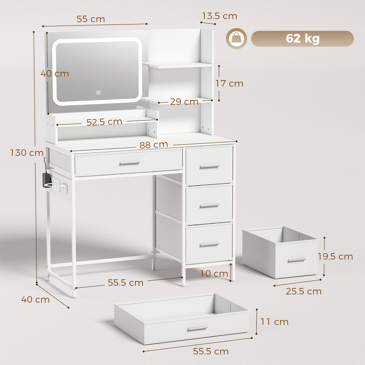 HOMCOM Vanity Desk With LED Mirror, 4 Drawers, 5 Shelves, Power Outlet