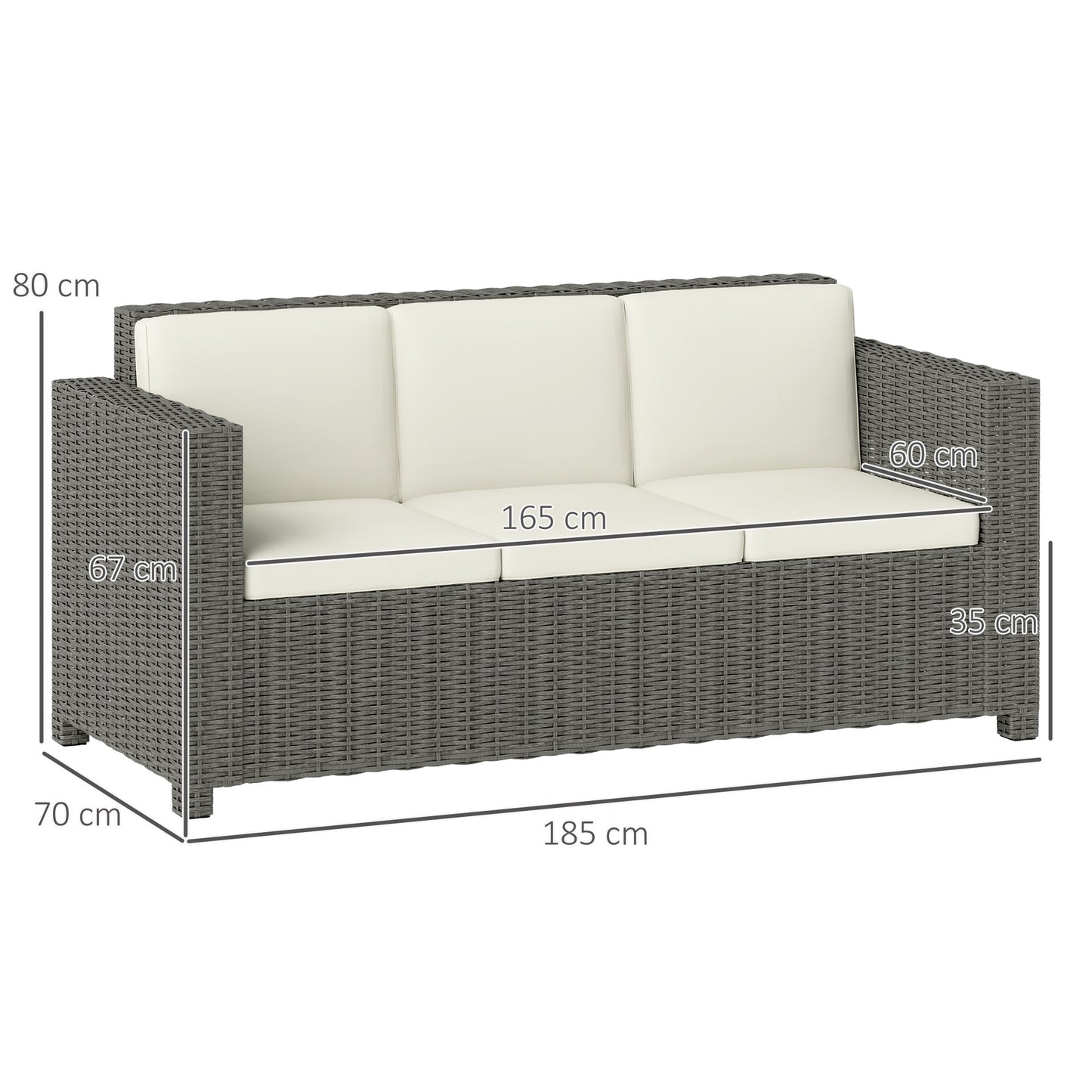 Outsunny 3 Seater Outdoor Rattan Sofa All Weather Wicker Weave Steel Frame With Cream Cushions Fire Resistant