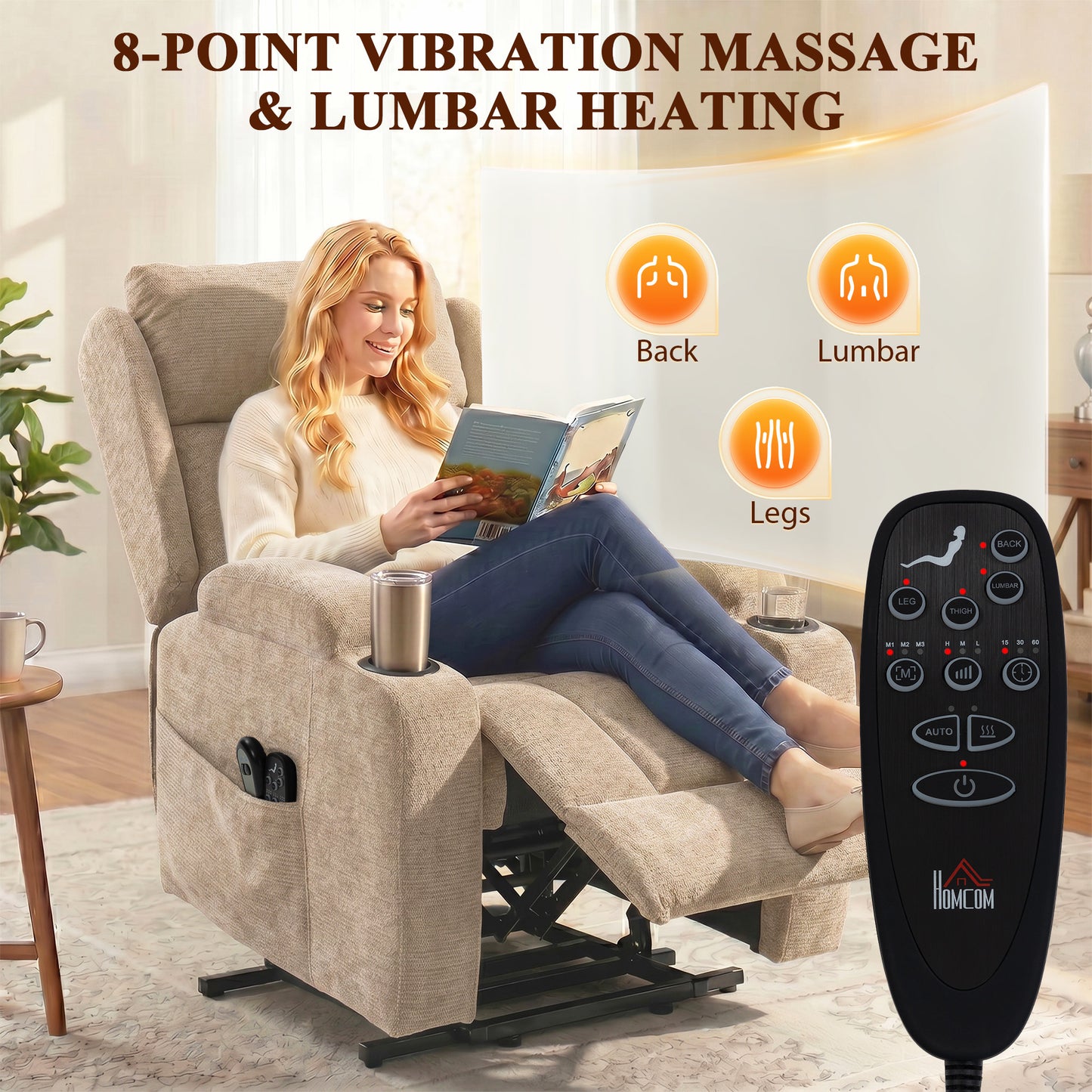 HOMCOM Power Lift Recliner Chair With Vibration Massage And Heat In Chenille For Elderly Brown