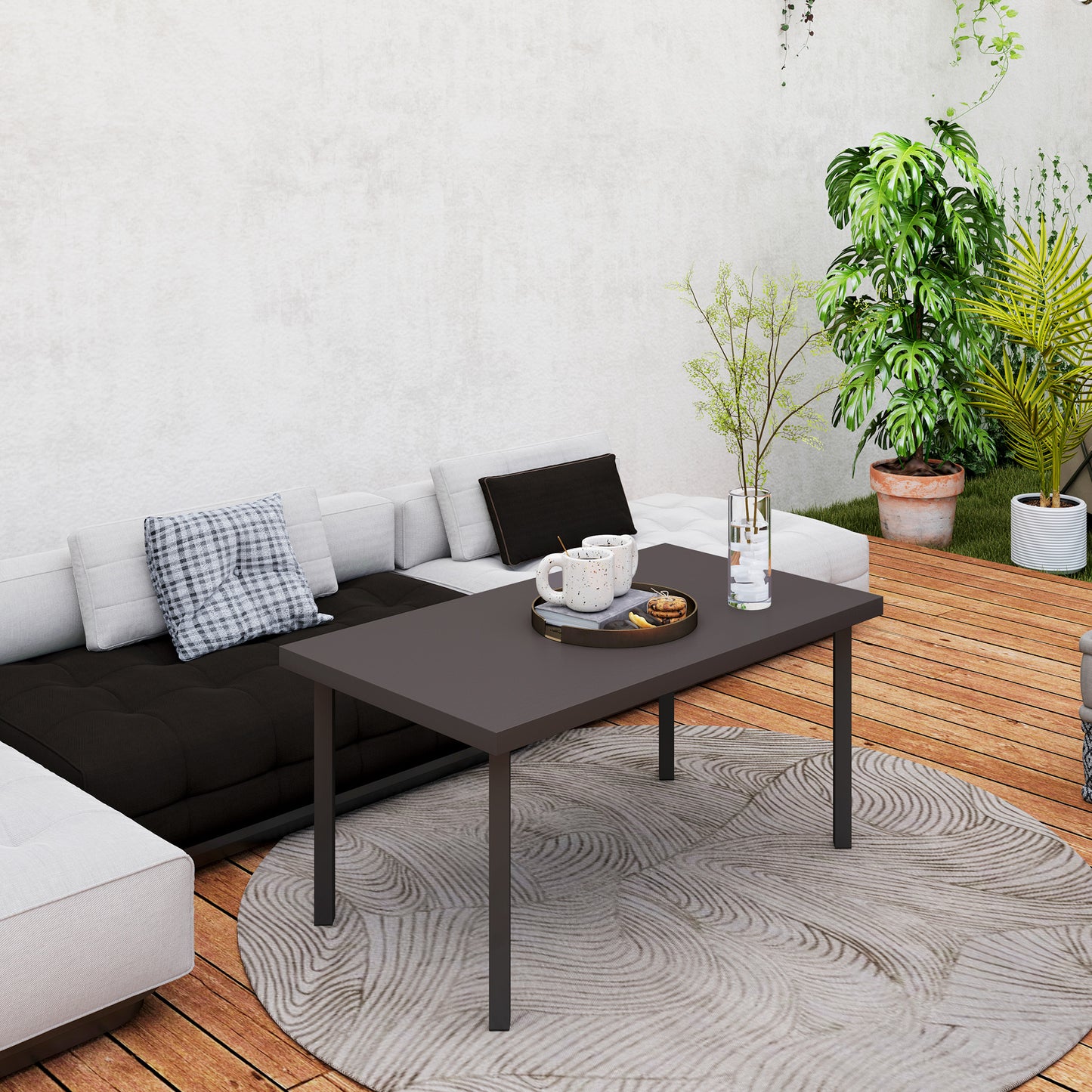 Metal Outdoor Garden Coffee Table With Woodgrain Top For Patio Balcony Porch 95 x 55 x 46 cm Brown