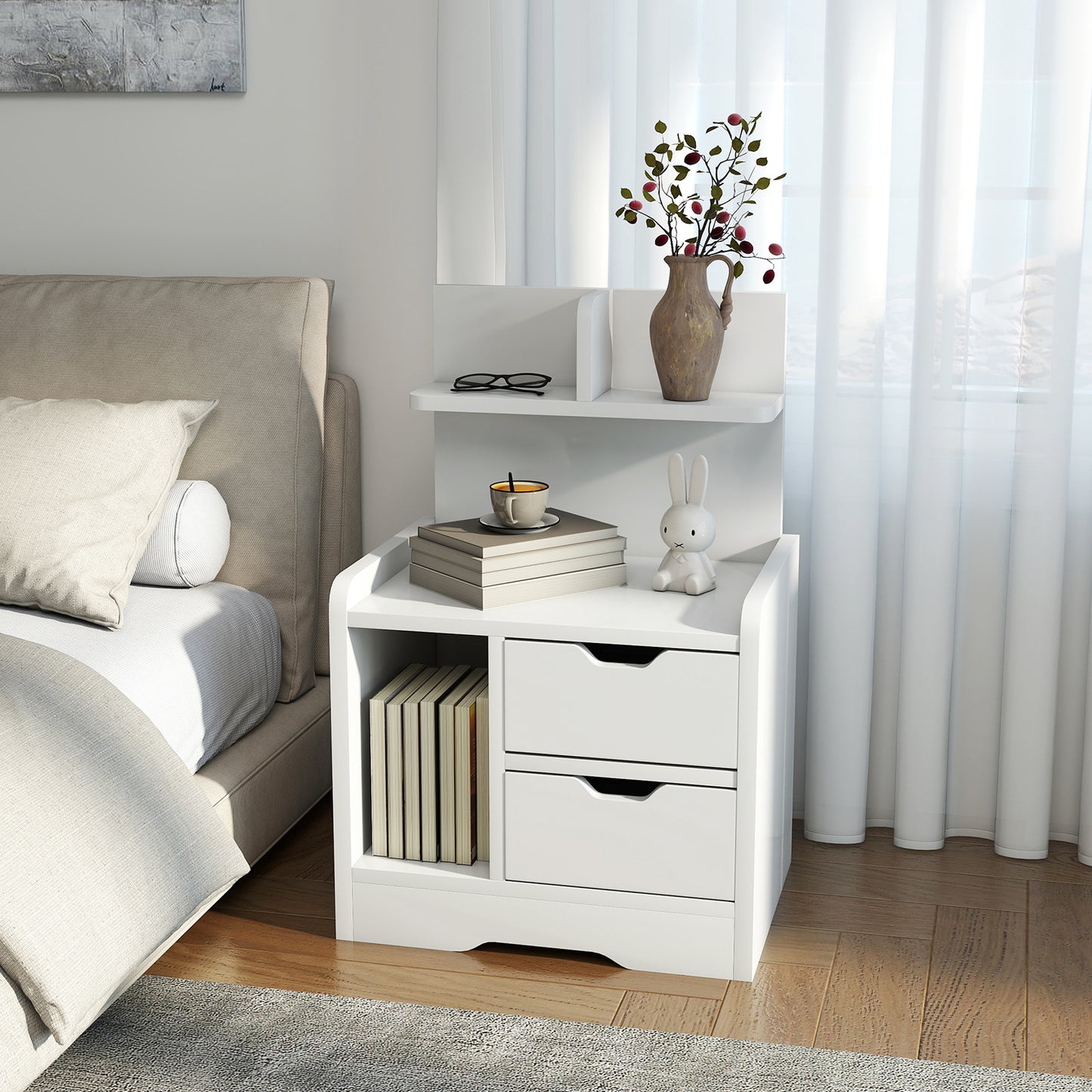 HOMCOM Bedside Table With 2 Drawers And Open Shelves For Alarm Clocks Books And Decor In High Gloss White