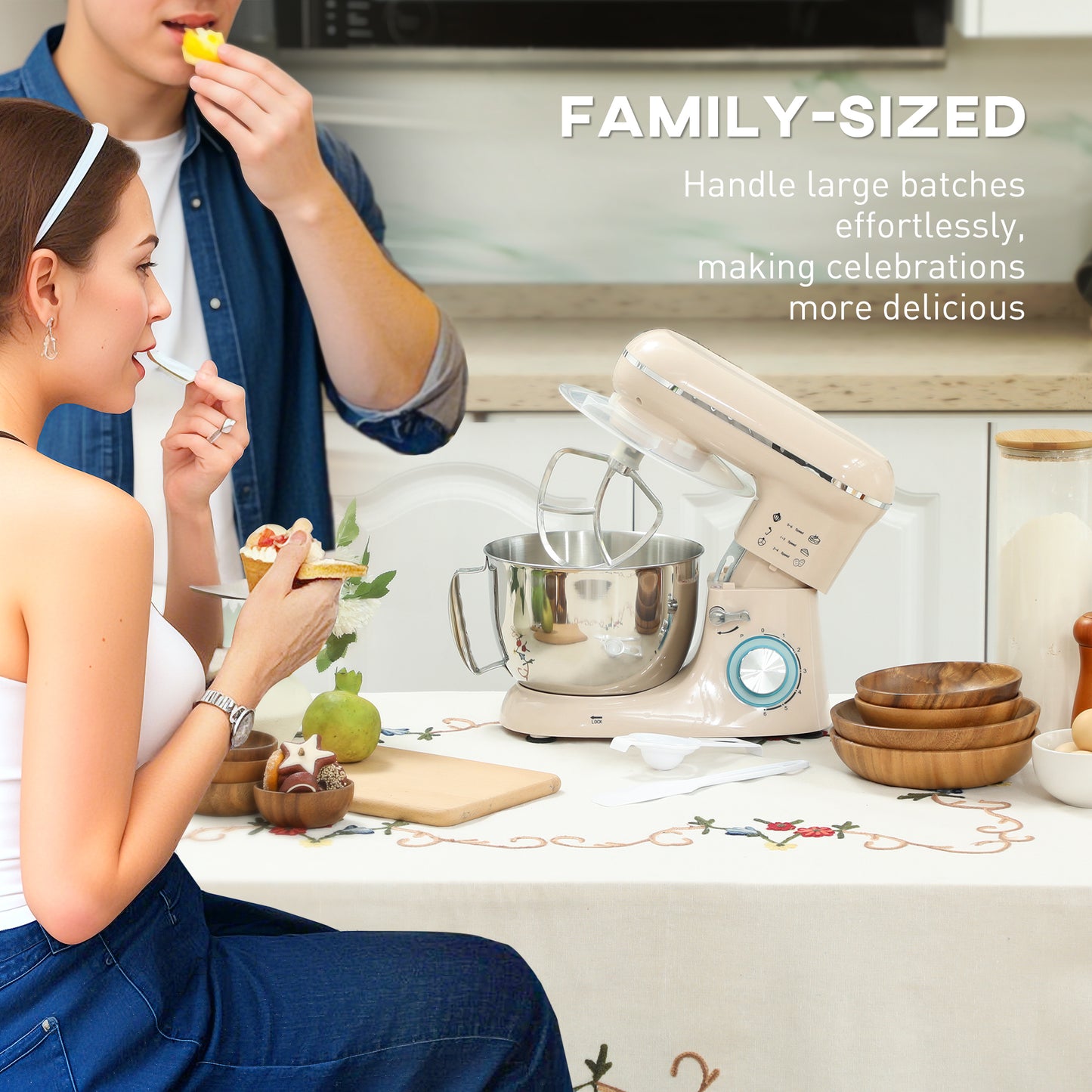 HOMCOM 1300W Stand Mixer With Accessories Beige 6 Speeds And Pulsation 4.5L Stainless Steel Bowl