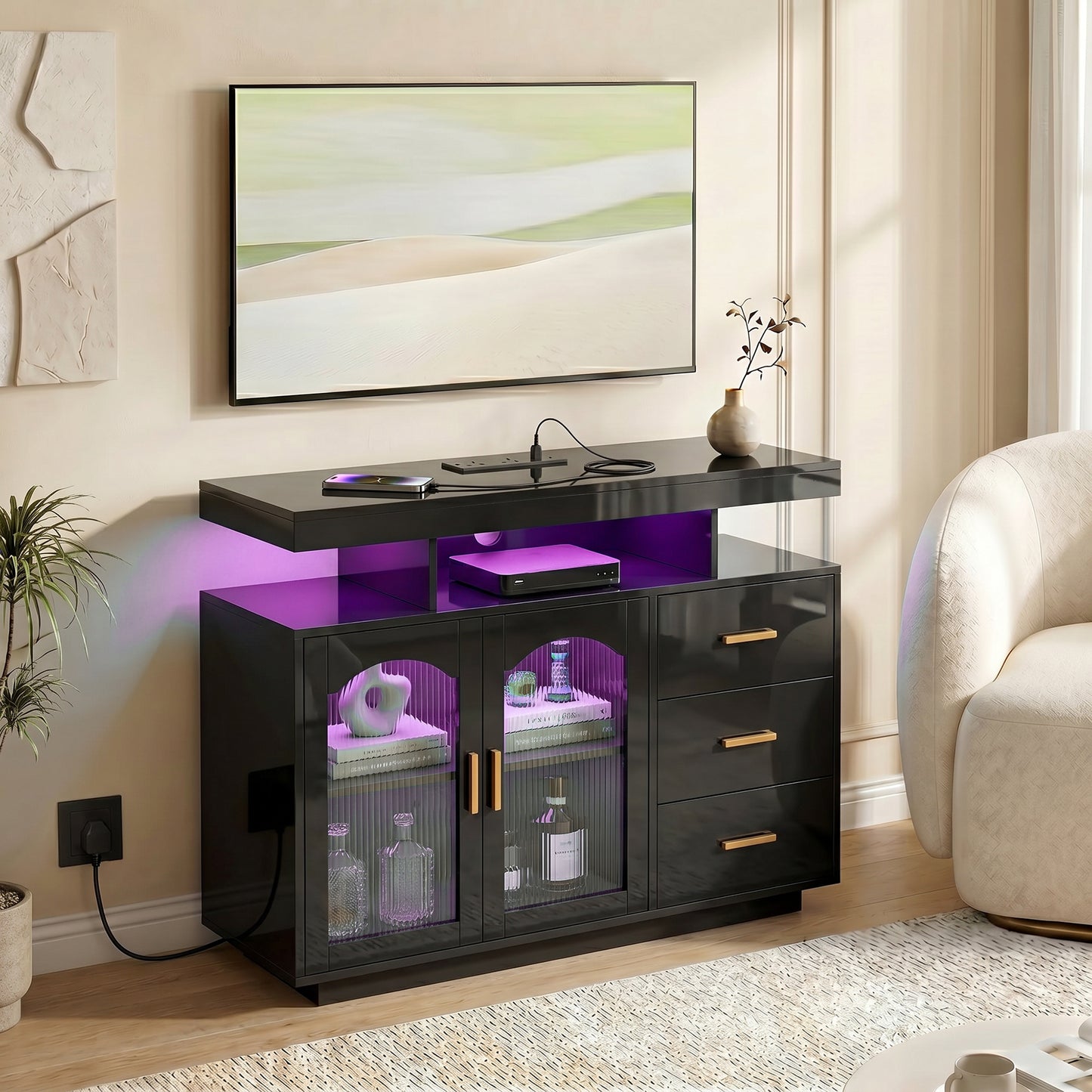 HOMCOM High Gloss Sideboard With LED Lights Built In Power Outlets 3 Drawers Shelves And 2 Acrylic Doors Black