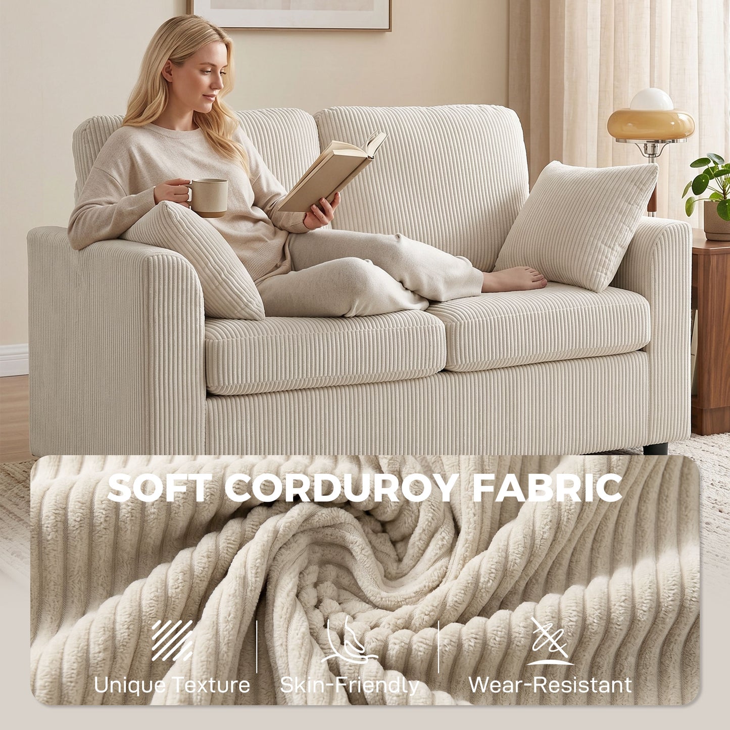 HOMCOM 2 Seater Sofa Corduroy Small Couch With Pocket Springs And Spring Cushion Wide Deep Seat Beige