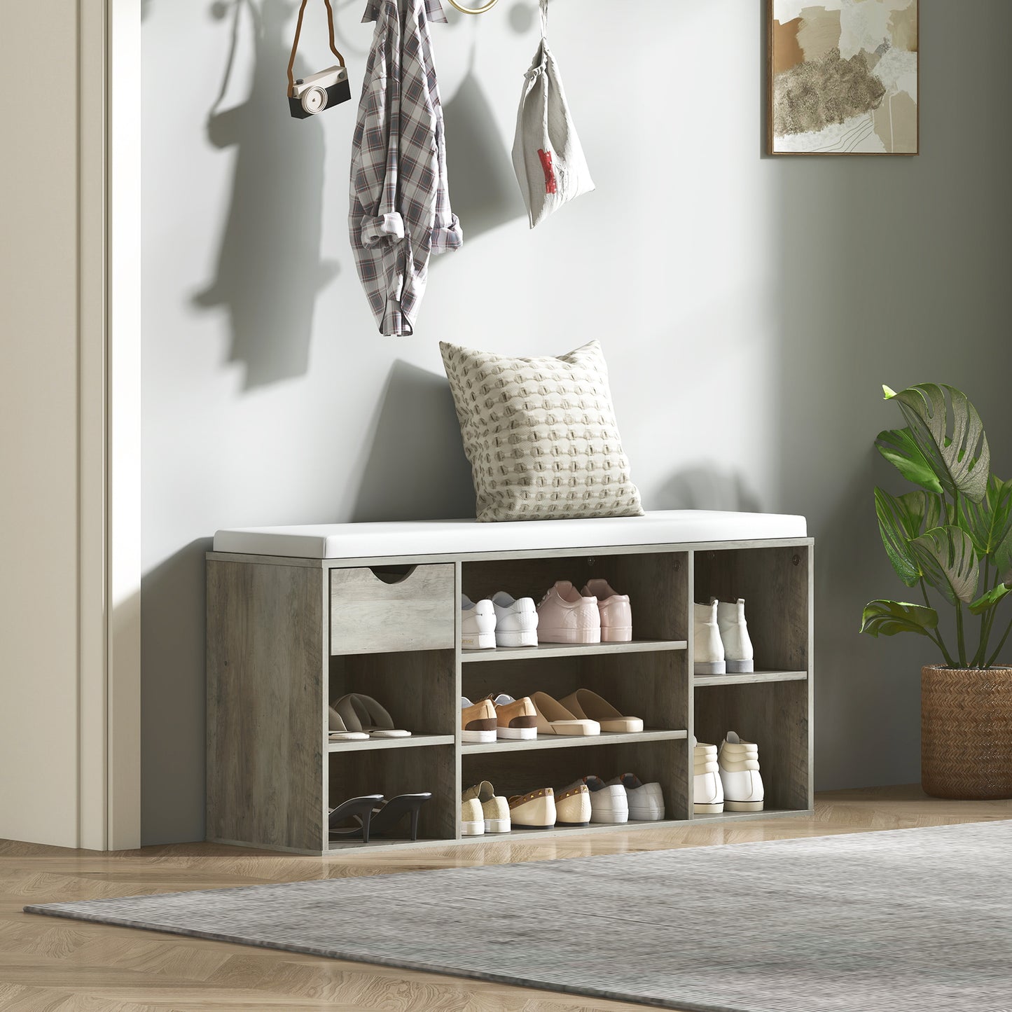 HOMCOM Shoe Storage Bench With Padded Cushion Grey For Entryway With Large Capacity And Easy Access