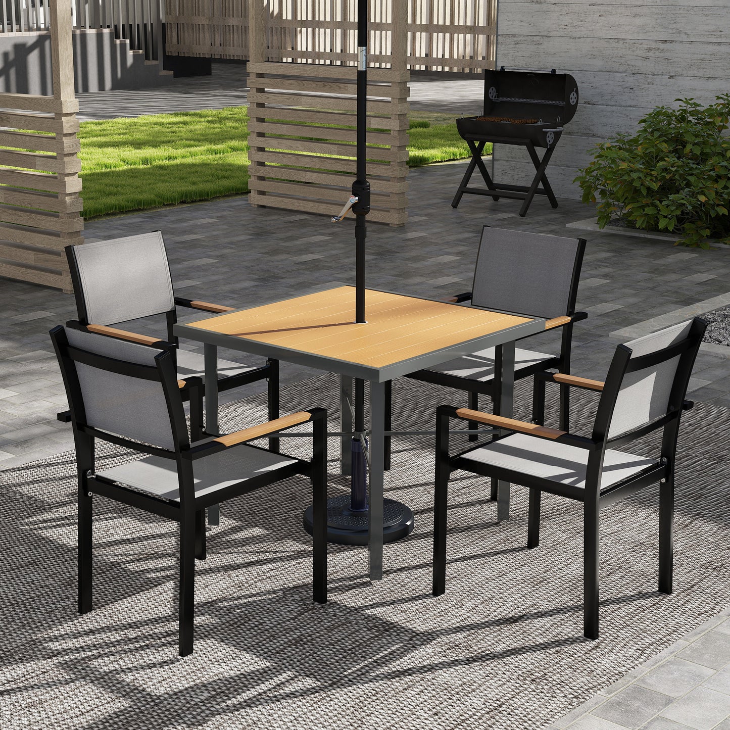 Outsunny 90 cm Outdoor Dining Table For 4 With Umbrella Hole Wood Effect Top Rust Resistant Steel Frame Patio
