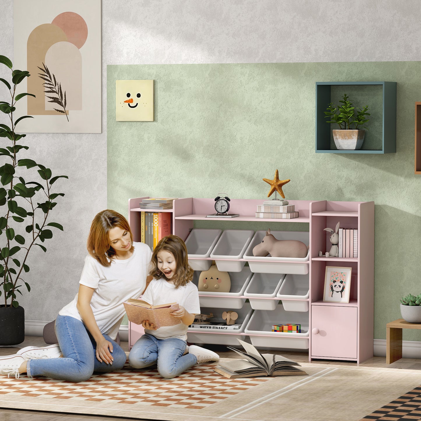 AIYAPLAY Kids Toy Organizers And Storage With 8 Removable Bins And Bookshelf Pink
