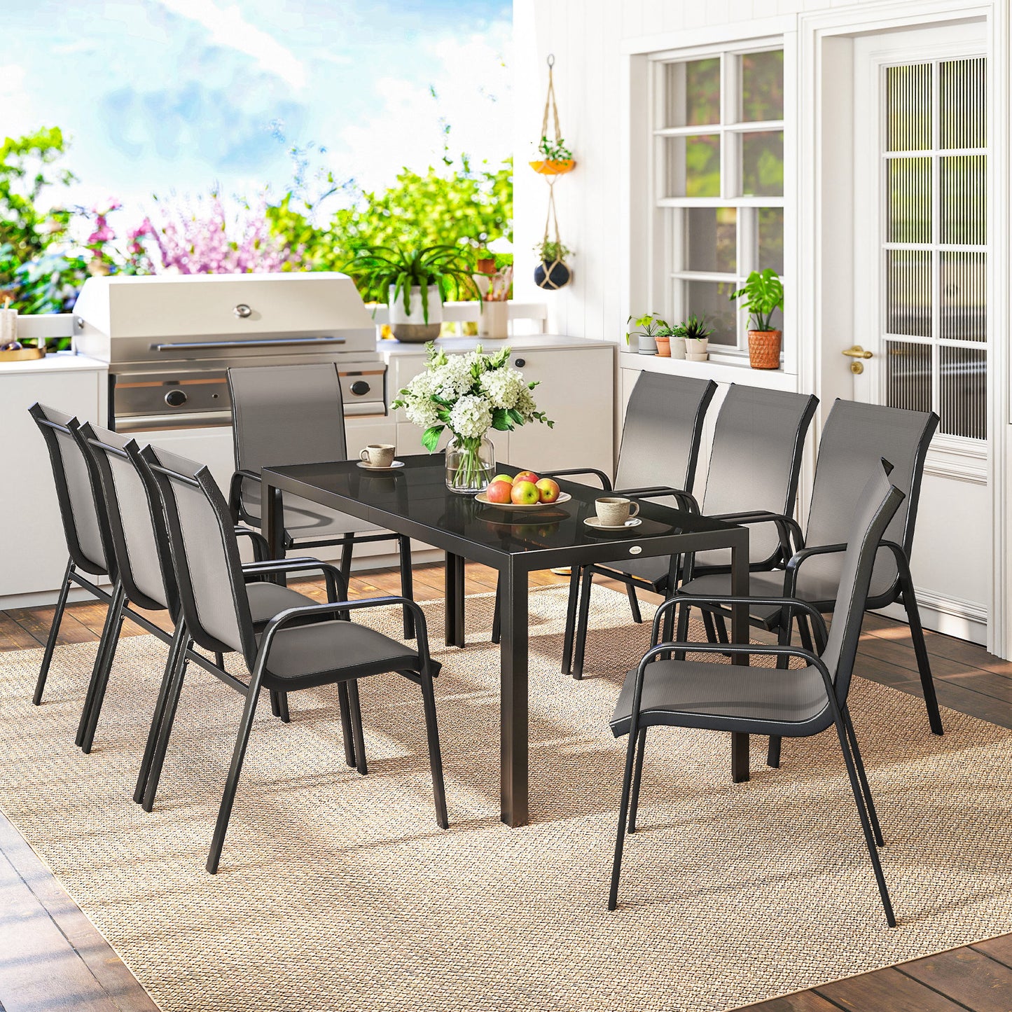 Outsunny 9 Piece Garden Dining Set for 8 with Tempered Glass Table Top Outdoor Patio Furniture in Dark Grey
