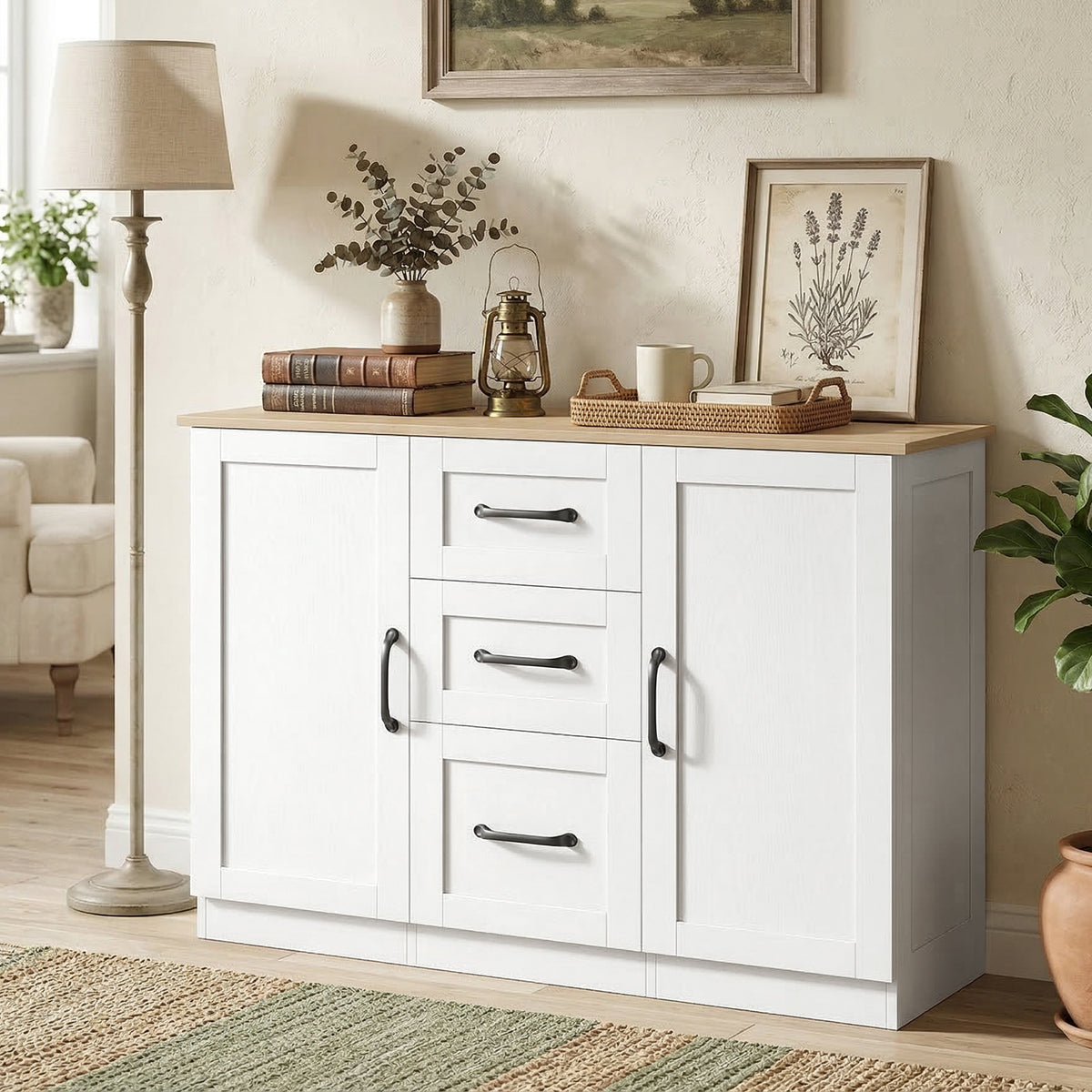 White sideboard cabinet with 3 drawers and 2 doors, bar handles, countertop storage