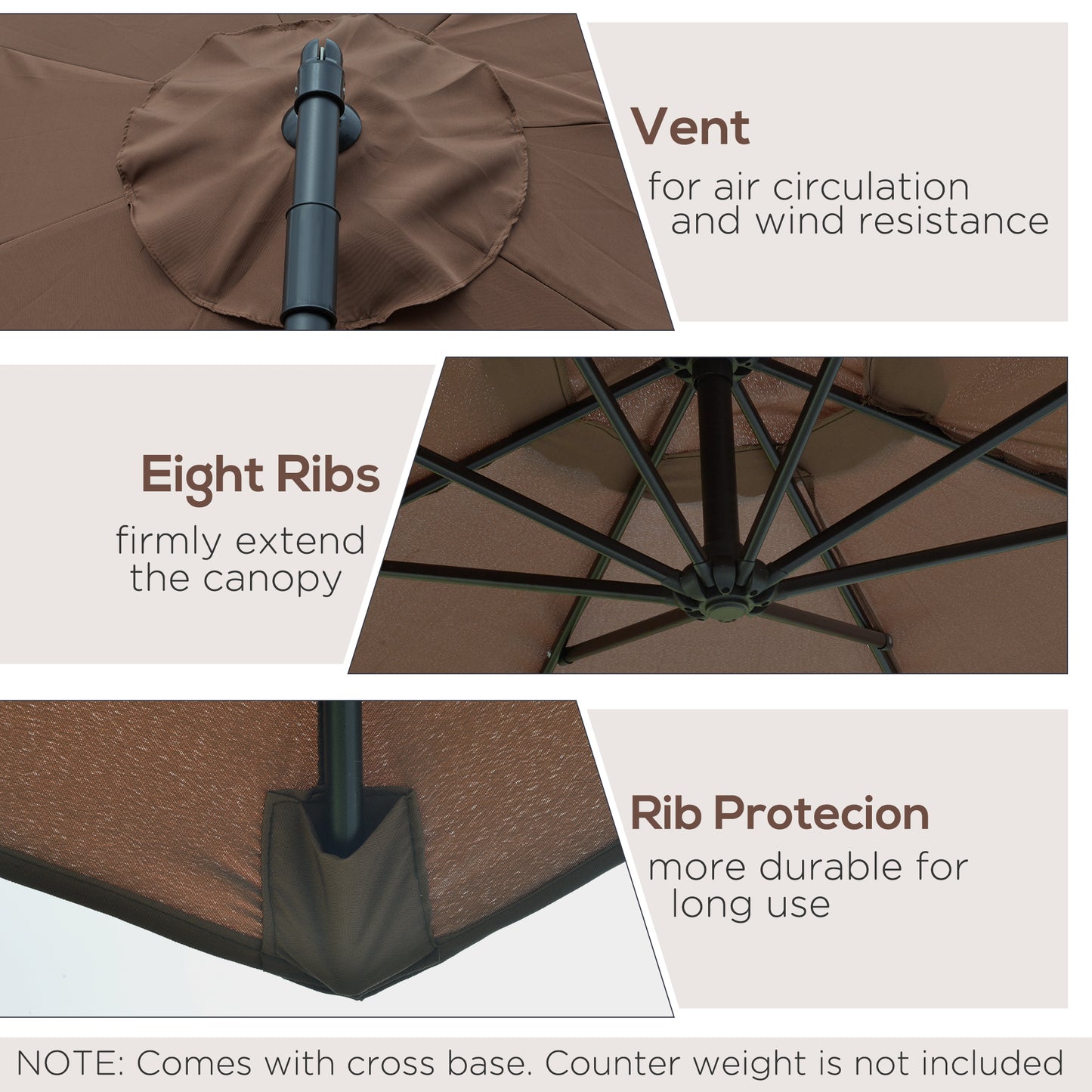 Outsunny 3M Brown Cantilever Patio Umbrella - Steel Frame Hanging Parasol for Outdoor Sunshade - ALL4U RETAILER LTD