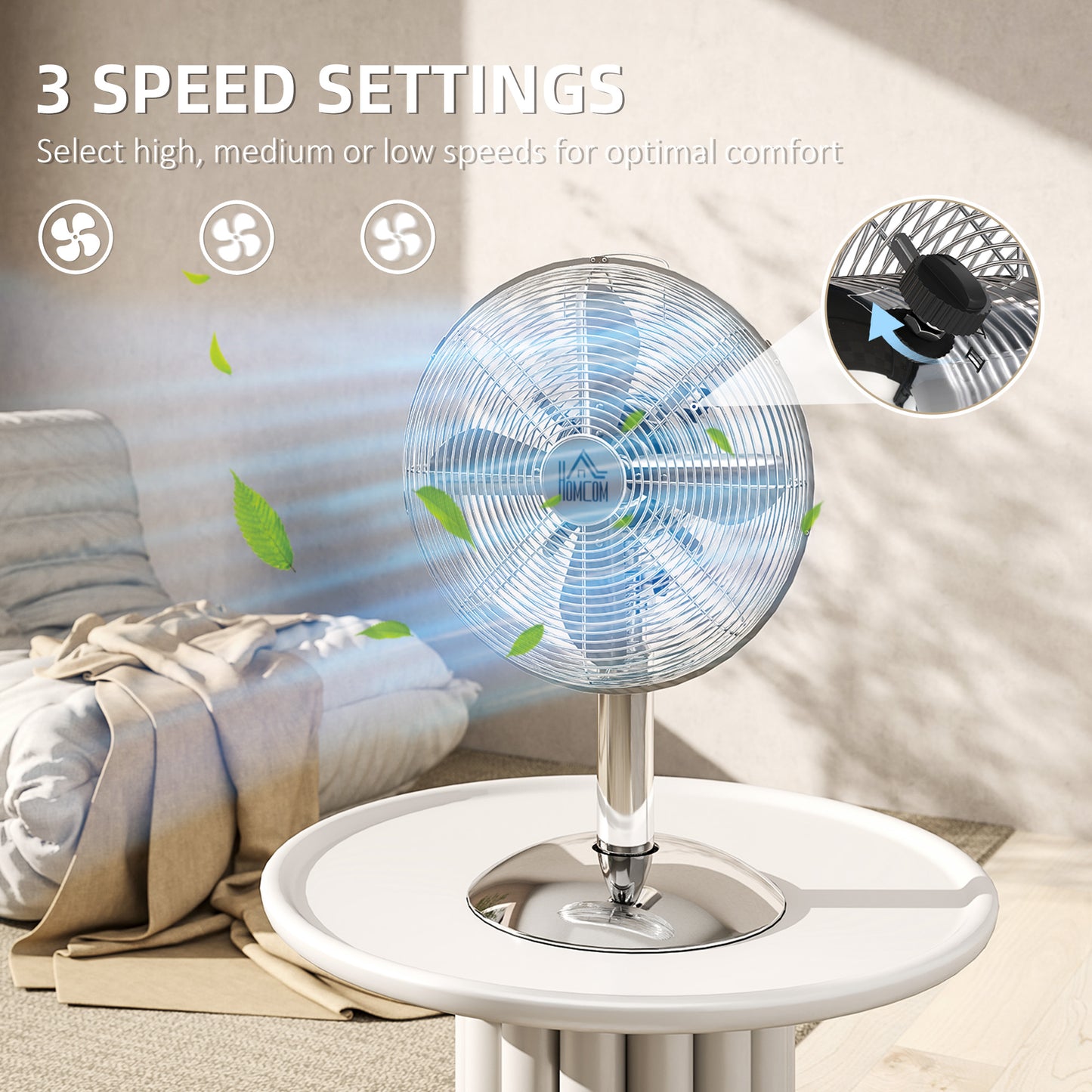 HOMCOM Three Speed Oscillating Desk Fan With 12 Inch Metal Blades And Copper Motor 75 Degree Oscillation Manual Tilt