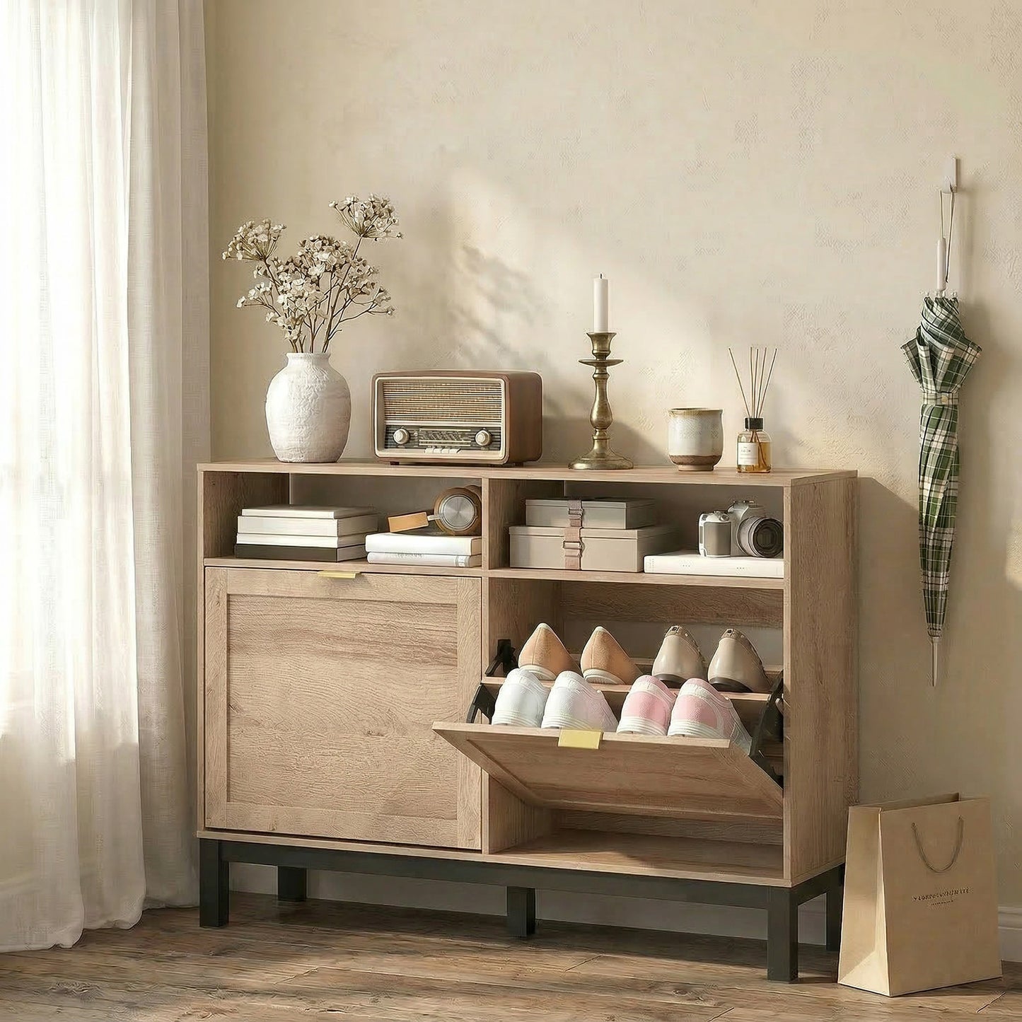 HOMCOM Walnut Brown Shoe Cabinet With 2 Flip Down Drawers Narrow Entryway Hallway Shoe Storage