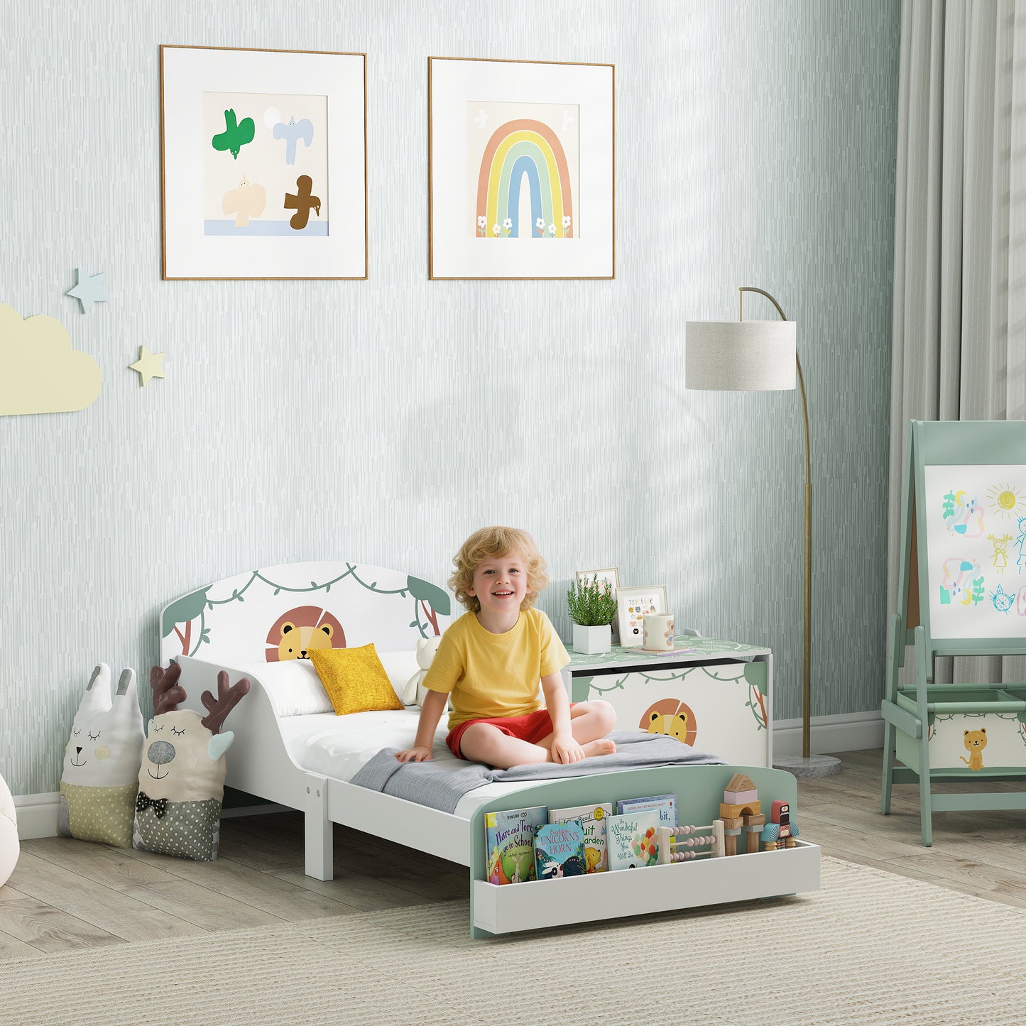 AIYAPLAY Toddler Bed With Storage And Guardrails Lion Design Fits 140 X 70cm Mattress Green Ages 3-8