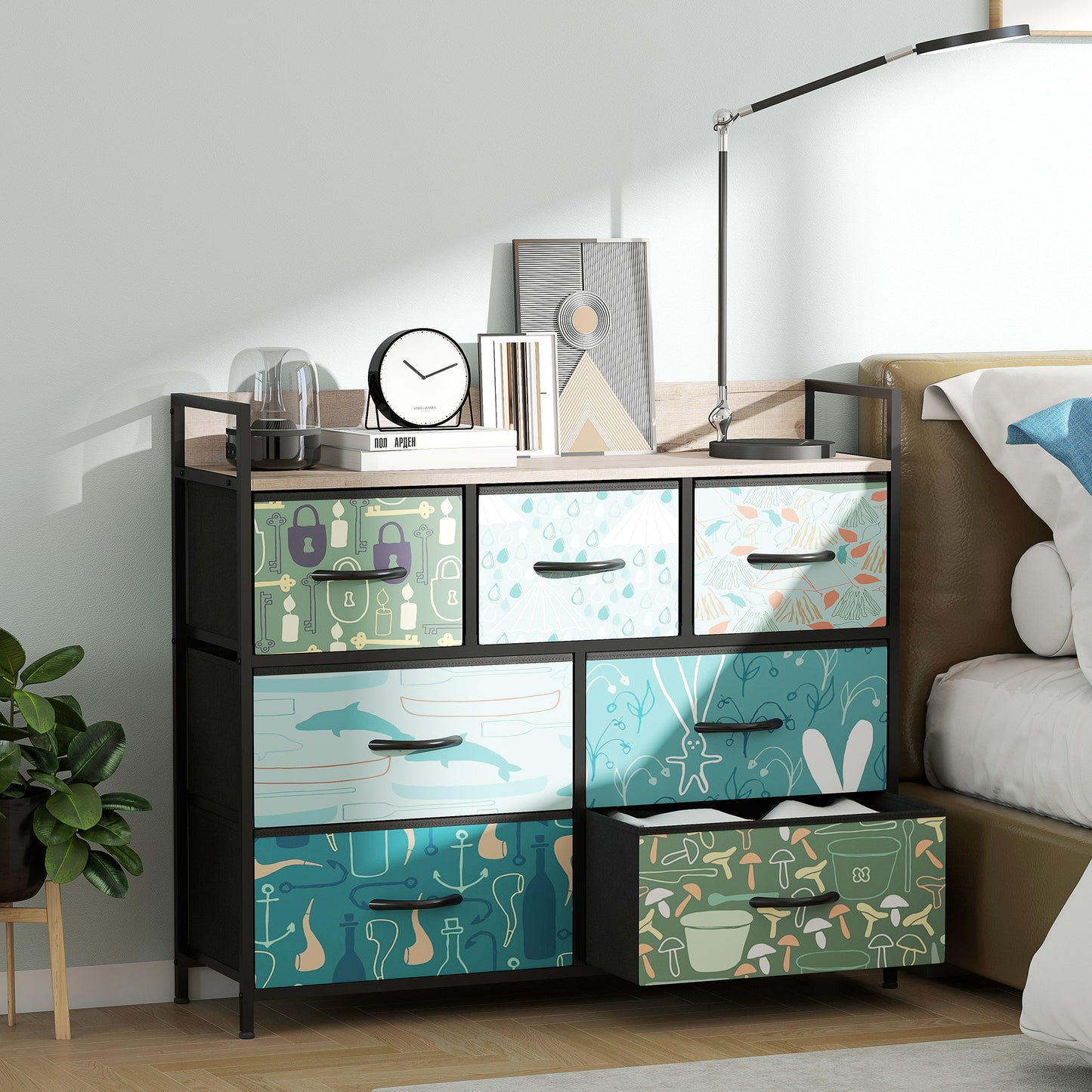 HOMCOM 7 Drawer Chest Of Drawers Blue With Removable Foldable Fabric Drawers And Patterned Panels