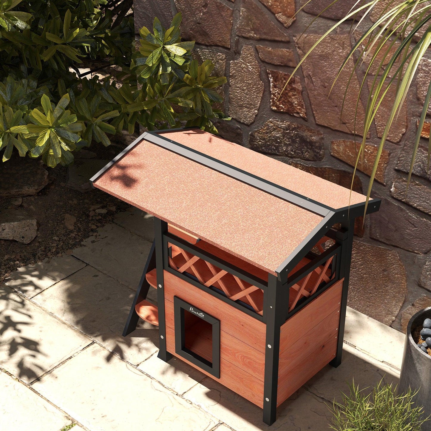 PawHut Outdoor Cat House with Balcony, 77x50x73cm, Brown - ALL4U RETAILER LTD