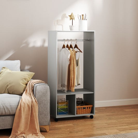 HOMCOM Open Wardrobe On Wheels With Hanging Rail And 2 Shelves Grey Mobile Garment Rack For Cloakroom And Hallway