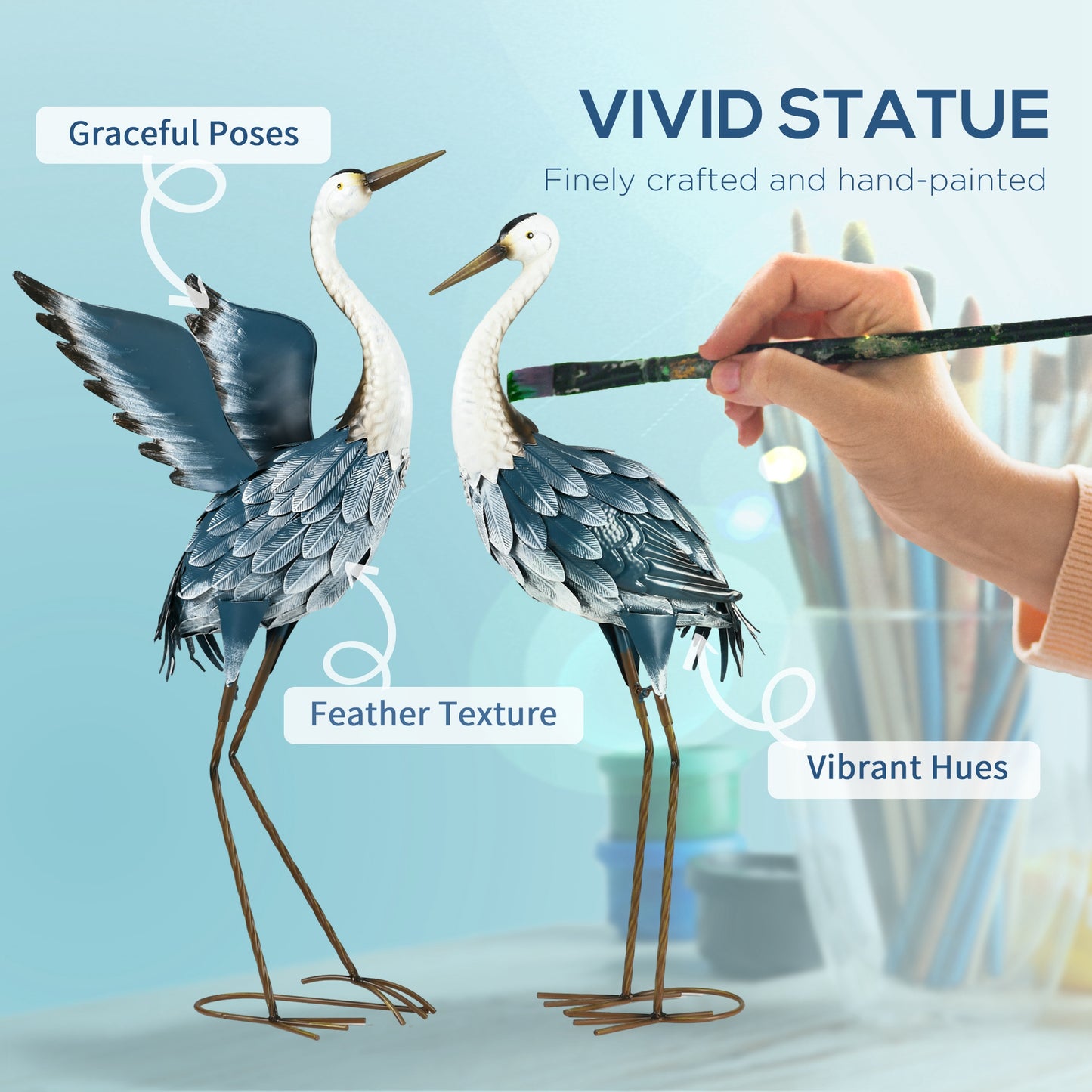 Outsunny Blue And White Heron Garden Statues Set Of Two Standing Metal Ornaments With Stakes For Outdoor Decor
