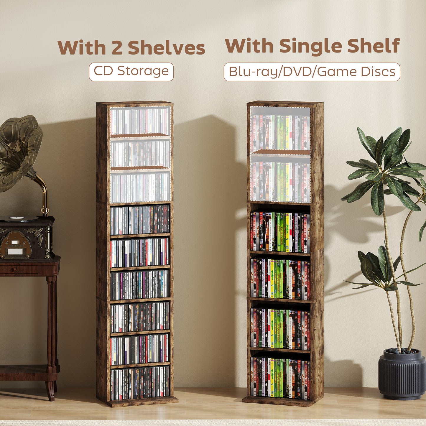 HOMCOM 260 Narrow CD Storage Unit Rustic Brown With Six Adjustable Shelves Holds Up To 260 CDs Or 120 DVDs Anti Tip