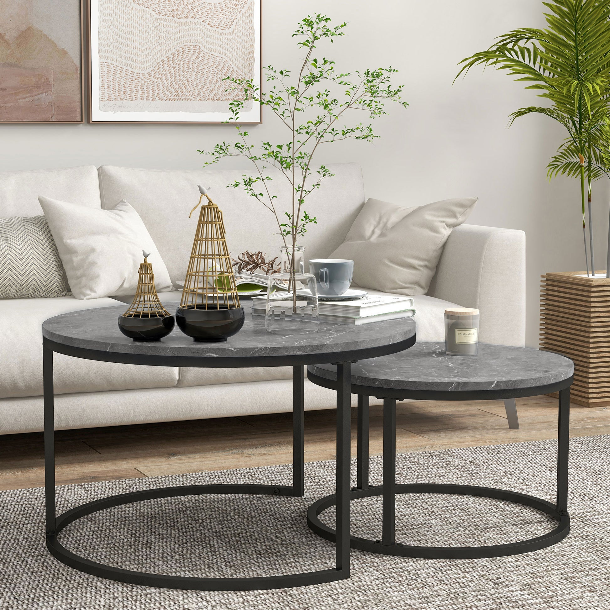 HOMCOM Set of 2 Round Industrial Nesting Coffee Tables with Faux Marble Tops and Sturdy Steel Frames - ALL4U RETAILER LTD