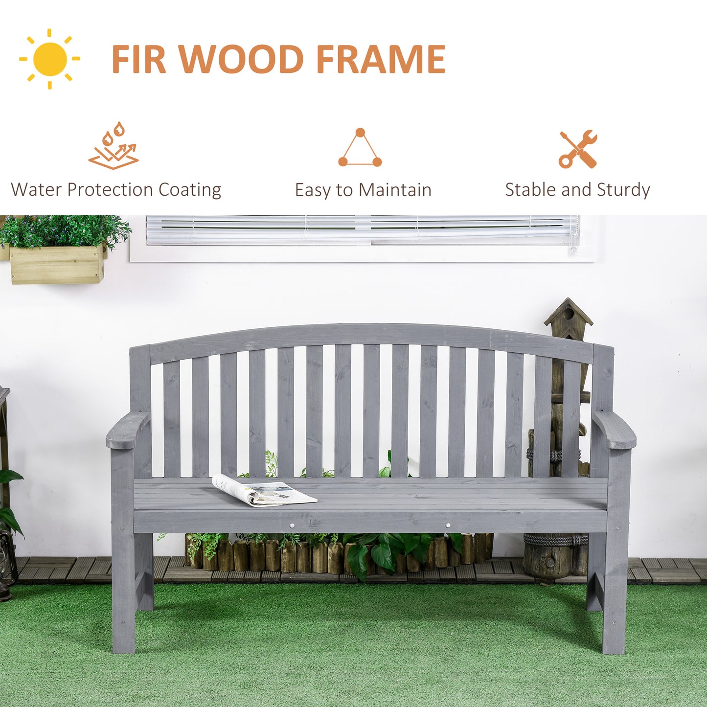 Outsunny Grey Fir Wood Outdoor 2-Seater Garden Bench with Armrests - ALL4U RETAILER LTD