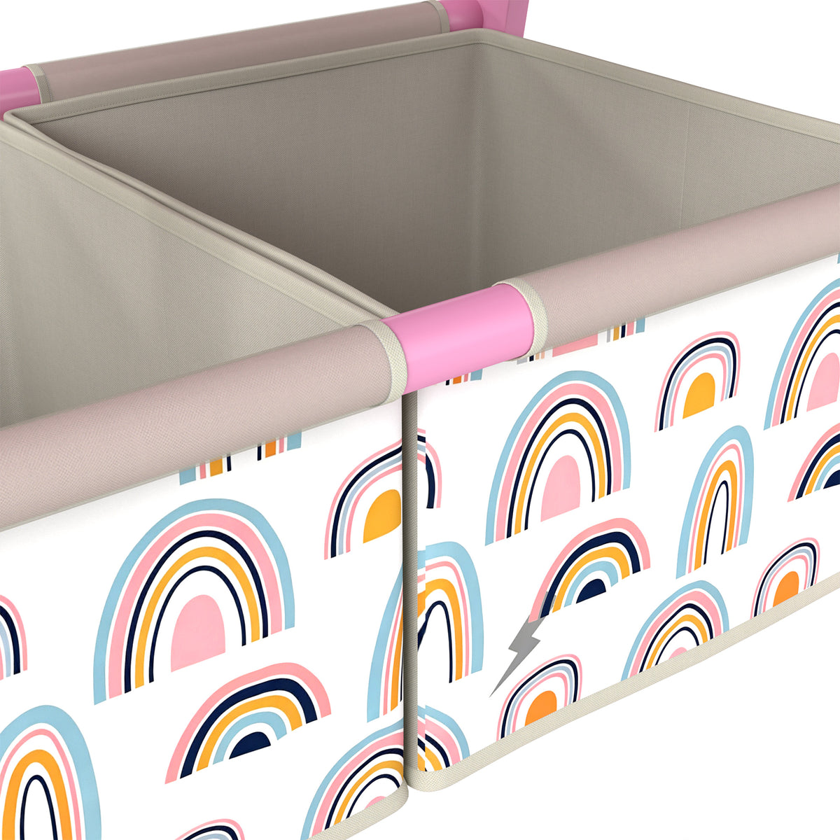 Pink kids art easel with rainbow side panel and rolled art paper holder