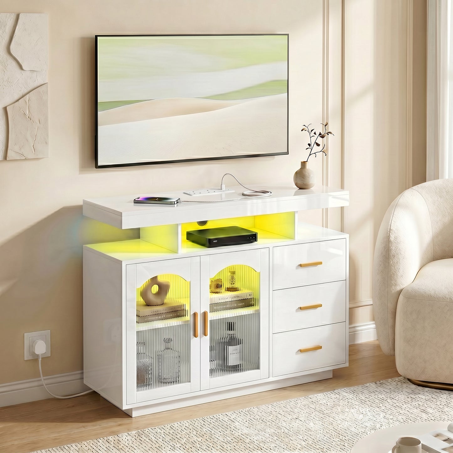 HOMCOM High Gloss Sideboard With LED Lights Built In Power Outlets 3 Drawers Shelves And 2 Acrylic Doors White