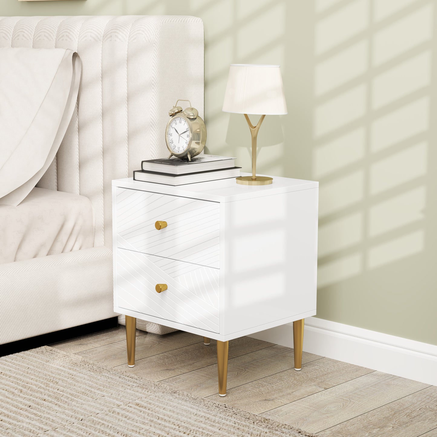 HOMCOM Elegant White And Gold Tone Two Drawer Bedside Table With Metal Legs And Spacious Storage