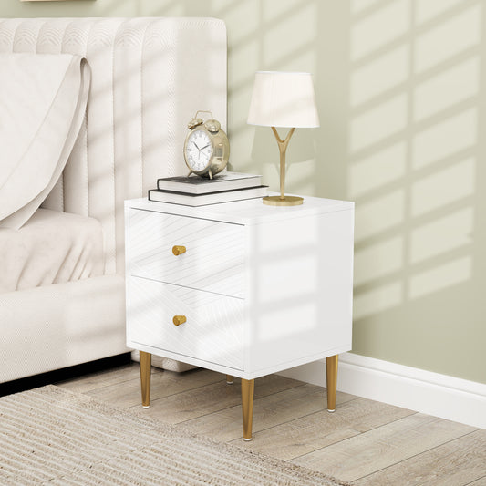 HOMCOM Elegant White And Gold Tone Two Drawer Bedside Table With Metal Legs And Spacious Storage