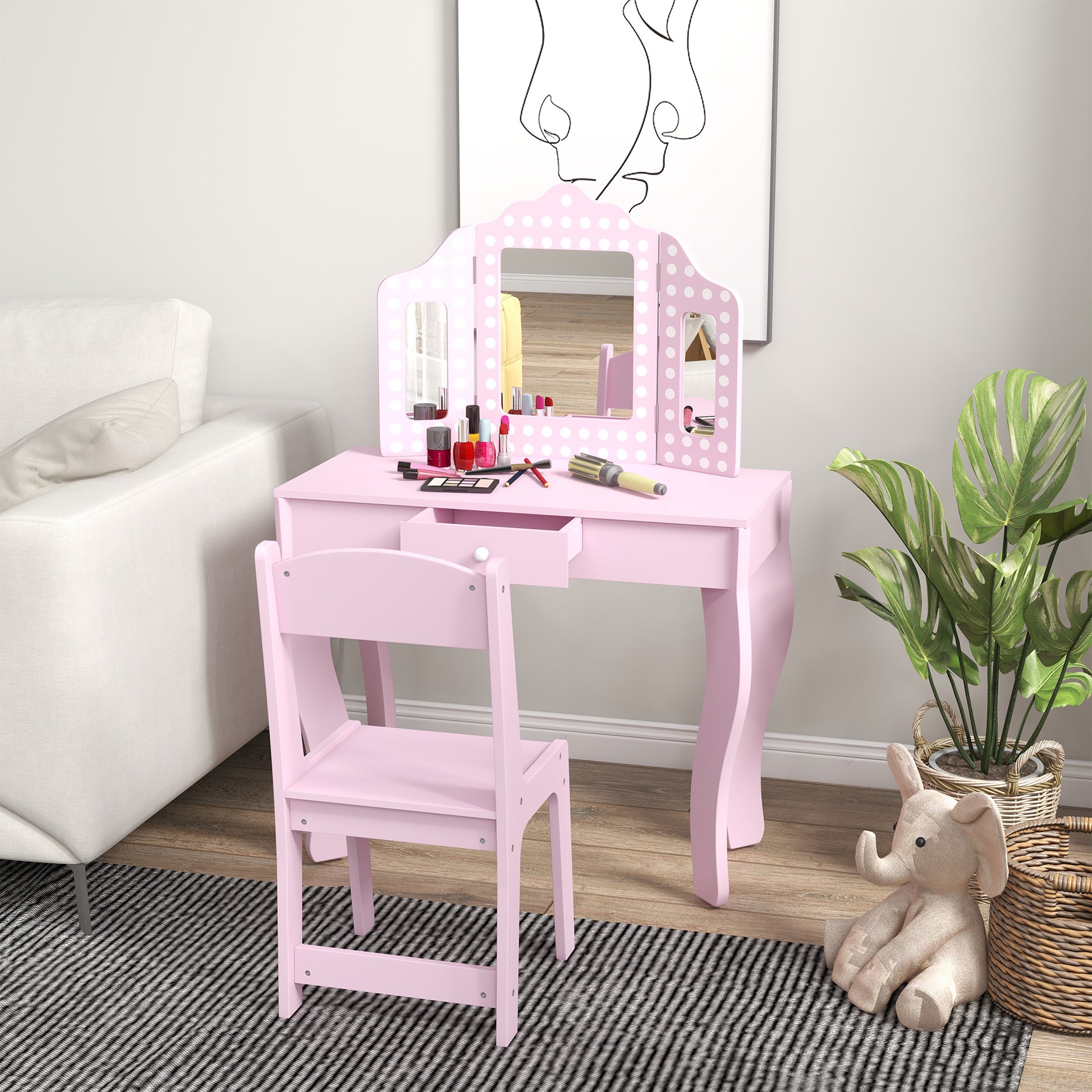 AIYAPLAY Pink Kids Vanity Set with Stool & Tri-Fold Mirror - Perfect for Playrooms & Bedrooms - ALL4U RETAILER LTD