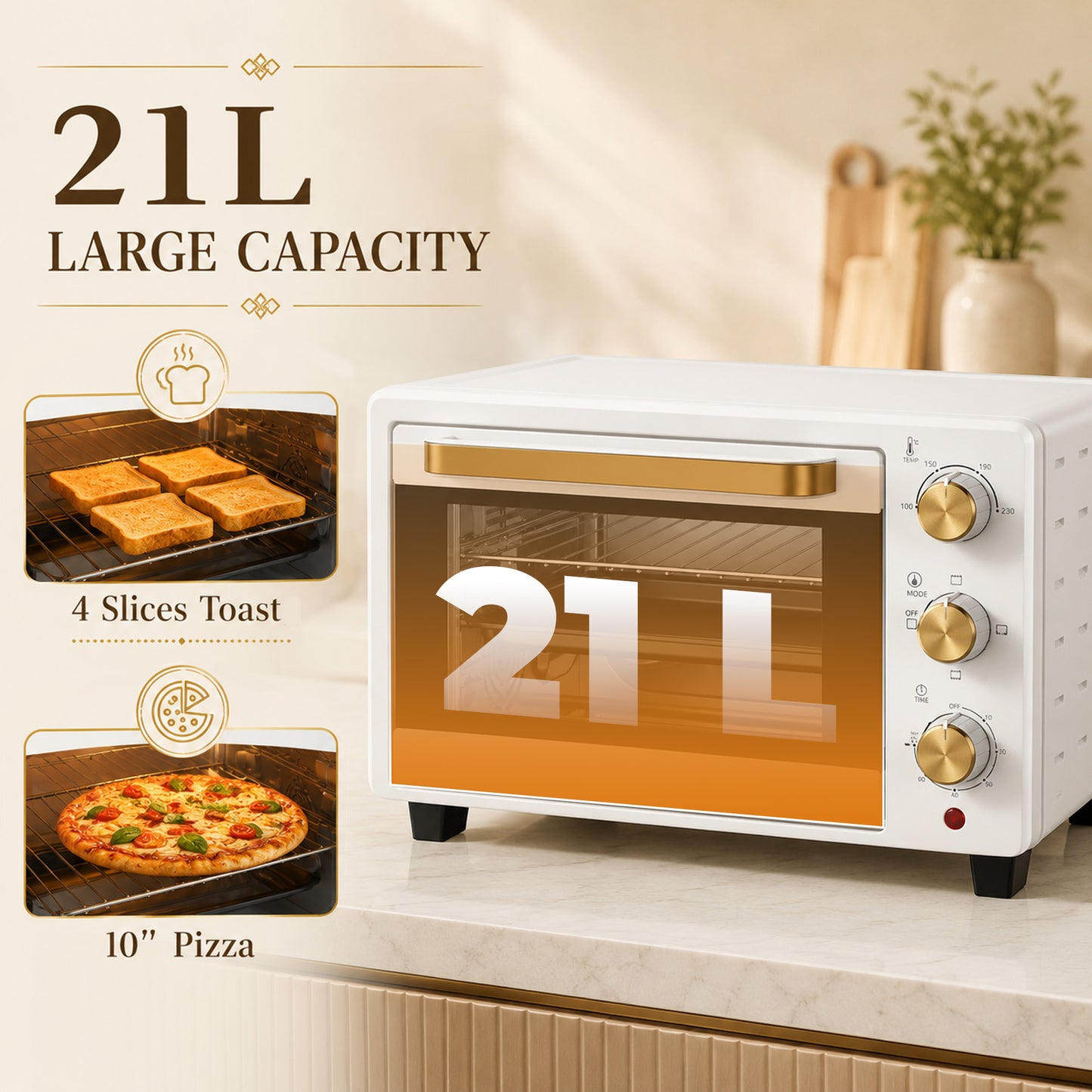 HOMCOM 21L Mini Countertop Oven With Removable Rack And Tray Adjustable Temperature 100 To 230 Celsius White