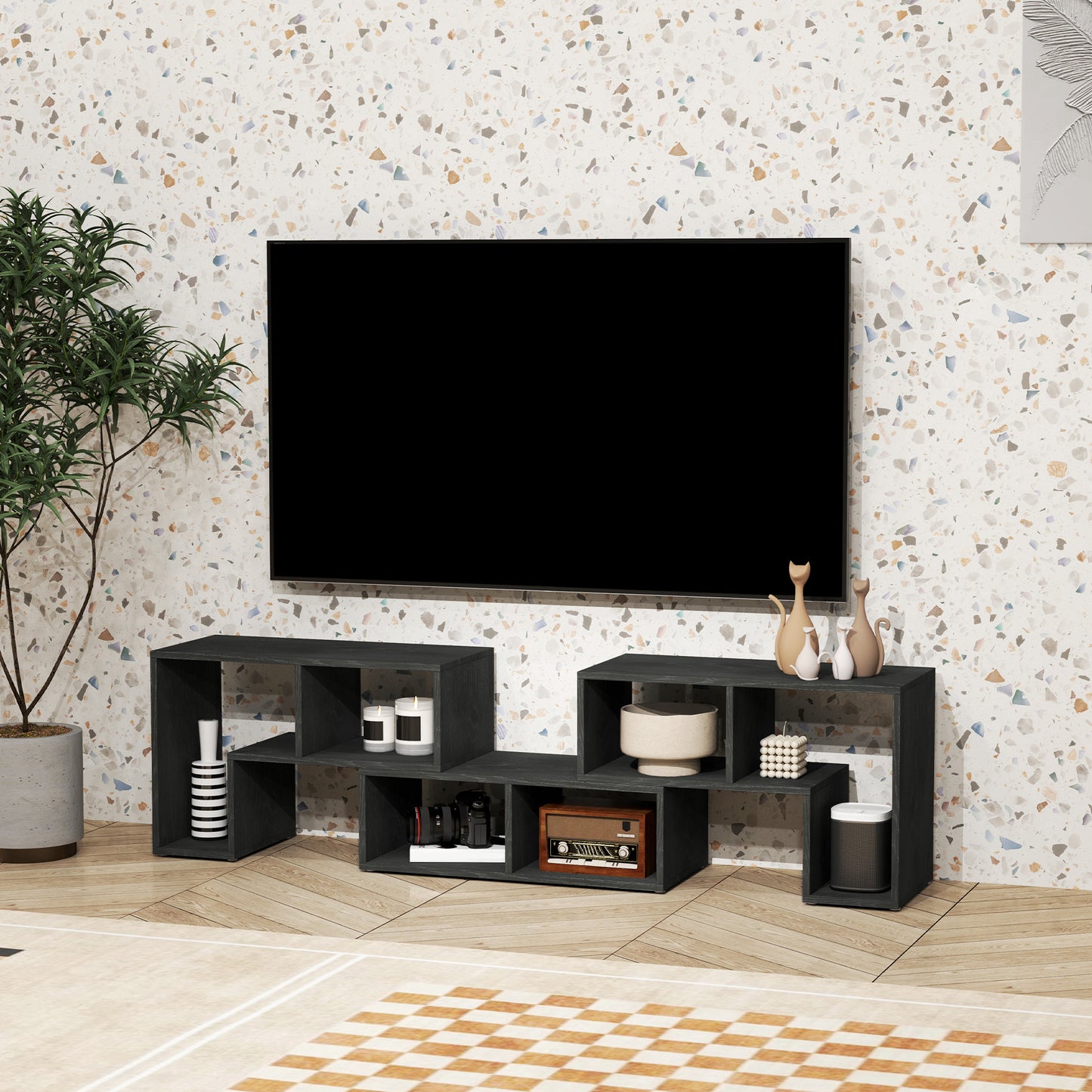 HOMCOM Three Block Modular TV Stand Black Wood Effect with Six Shelves for Up to 75 Inch Screens