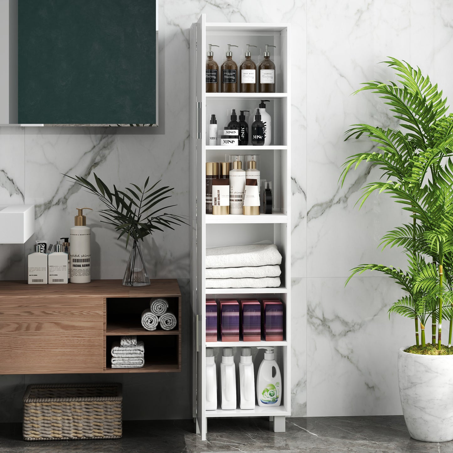 HOMCOM Tall Freestanding White High Gloss Bathroom Cabinet With Adjustable Shelves And Double Doors