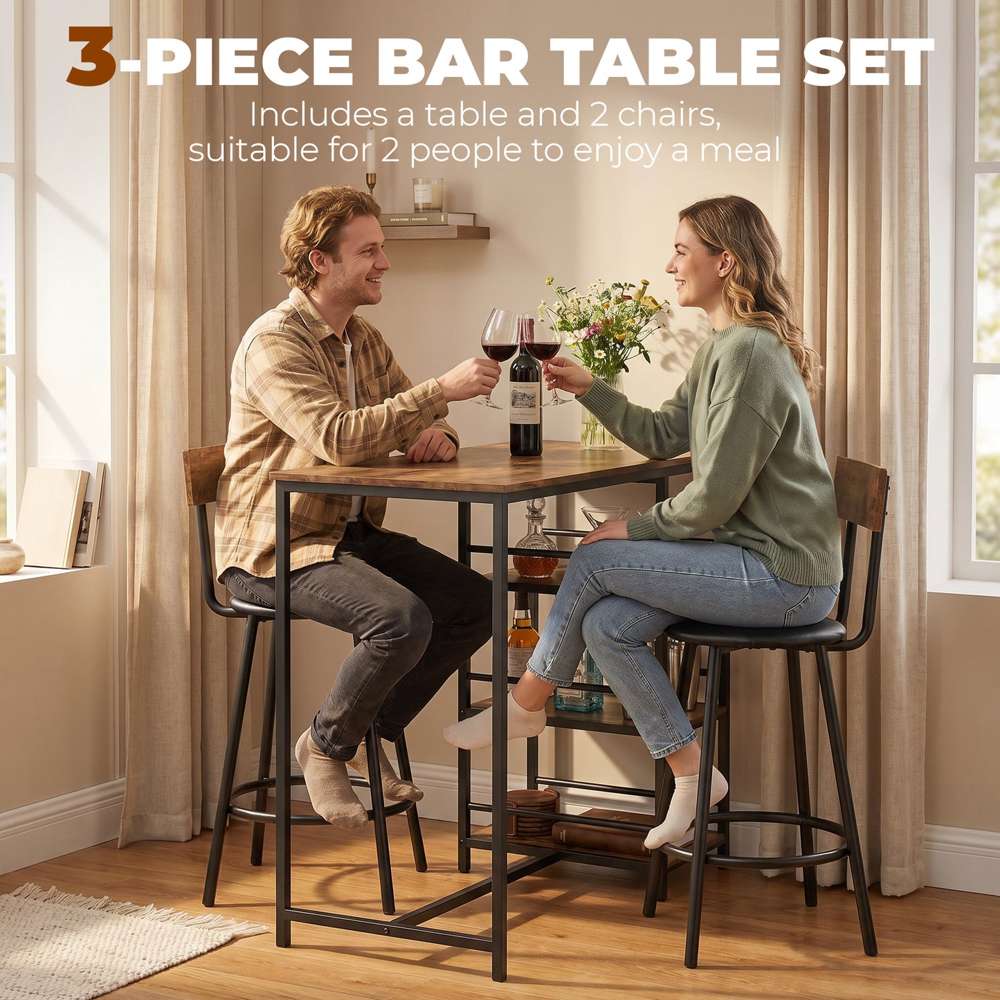 HOMCOM Space Saving Bar Table and PU Leather Stools 3 Piece Breakfast Bar Set for 2 with Storage Shelves Rustic Brown
