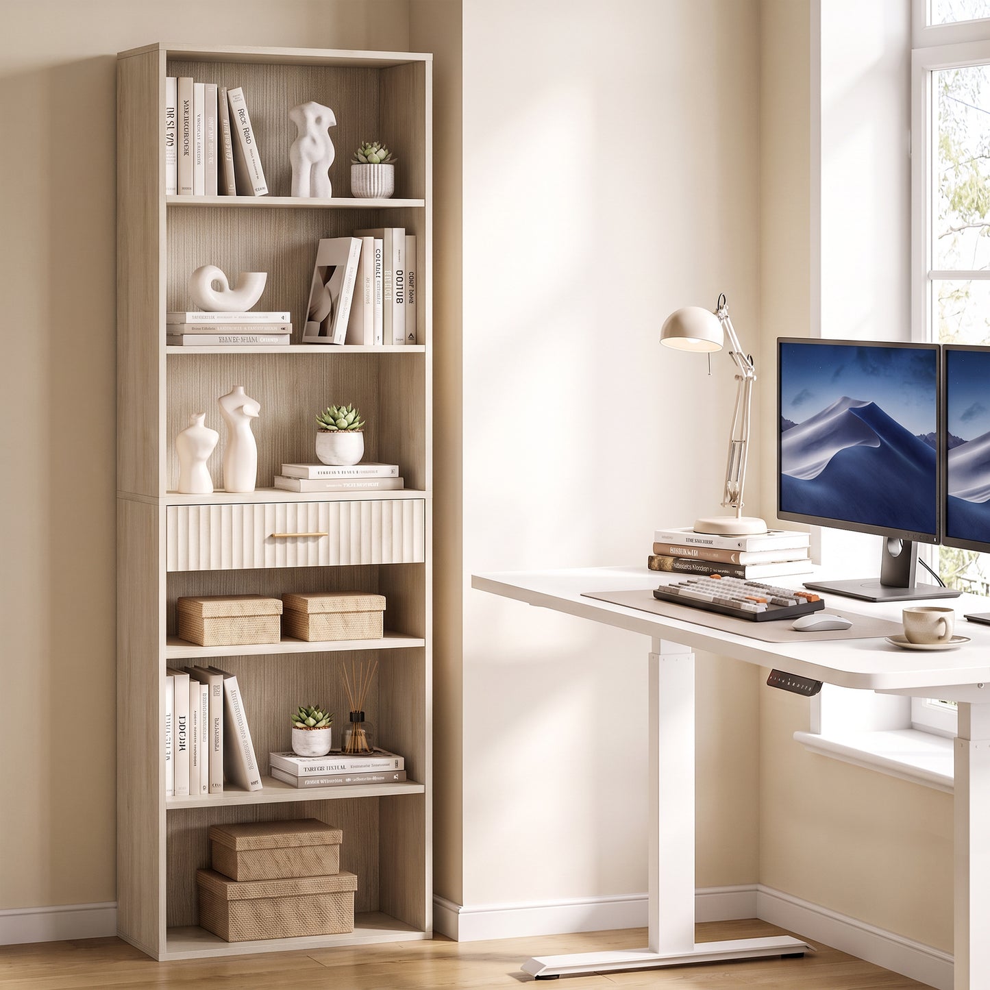 Homcom Tall Bookcase 7 Tier Narrow Bookshelf Drawer Open Shelves Oak Effect
