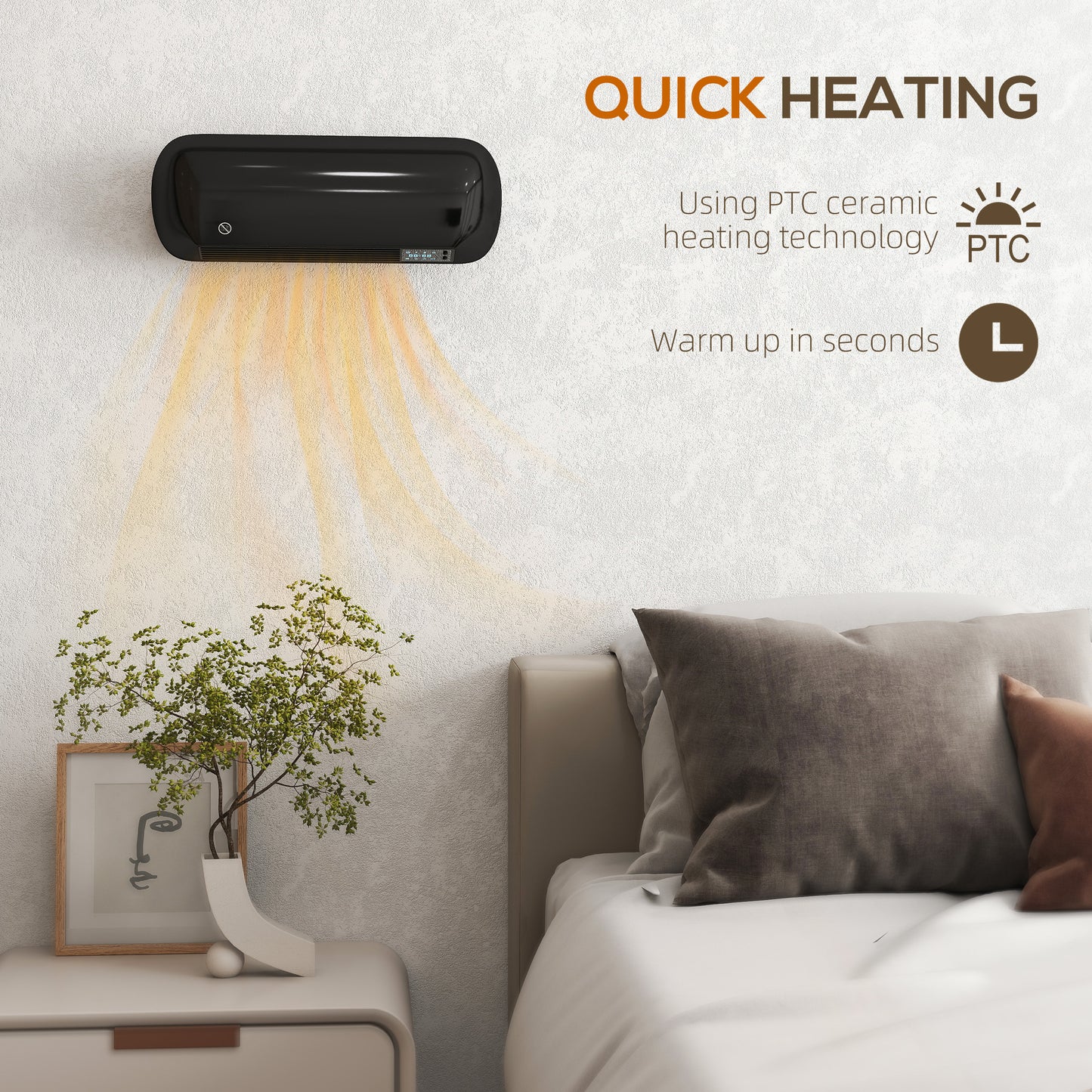 HOMCOM 2000W Ceramic Electric Heater with Fan and Adjustable Thermostat Wall Mounted Black