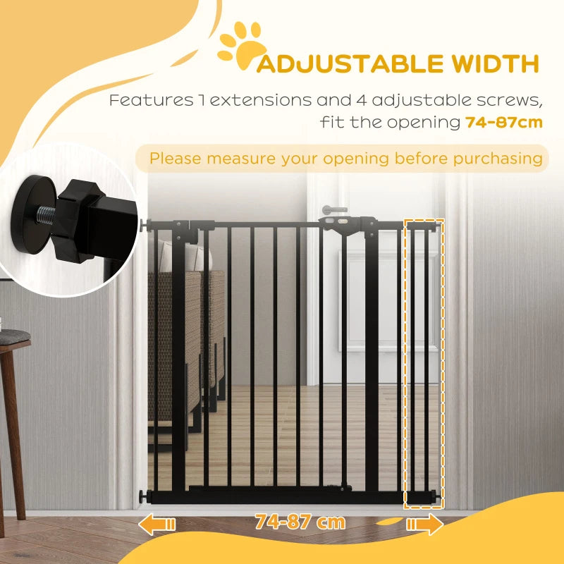 PawHut Metal Adjustable Dog Gate - Black, Expandable 74-87cm Width, Pet Safety Barrier - ALL4U RETAILER LTD