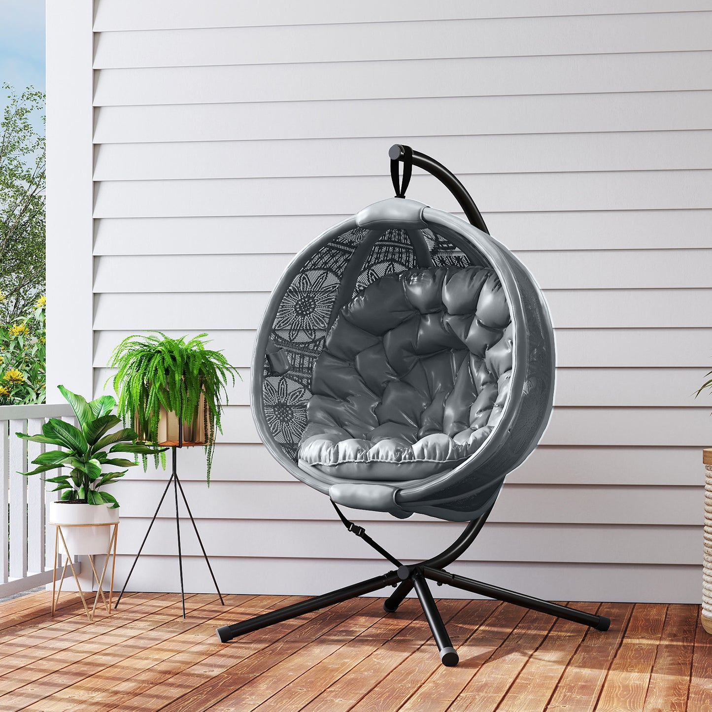 Outsunny Round Egg Basket Chair With Steel Stand Charcoal Grey Outdoor Patio Lounge Swing Cushioned Comfort