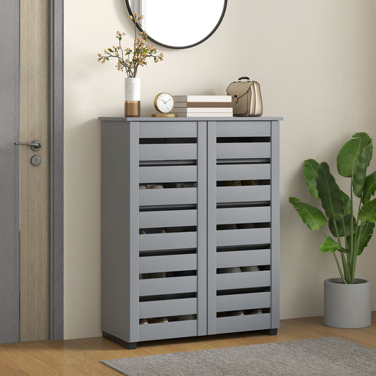 Grey five-tier narrow shoe cabinet with two slatted doors, entryway storage unit