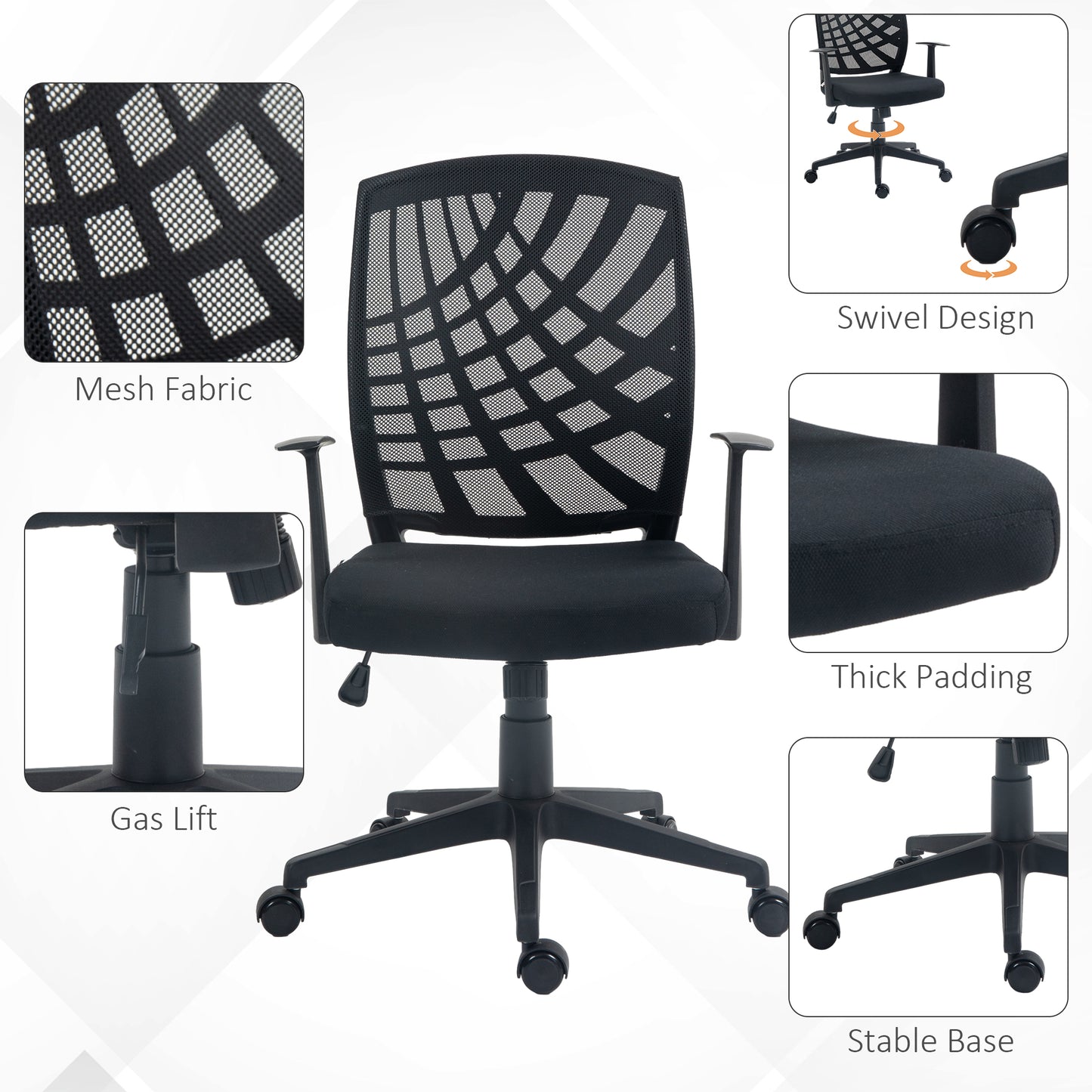 Vinsetto Adjustable Ergonomic Mesh Office Chair with Swivel Wheels for Home Workspace, Black - ALL4U RETAILER LTD