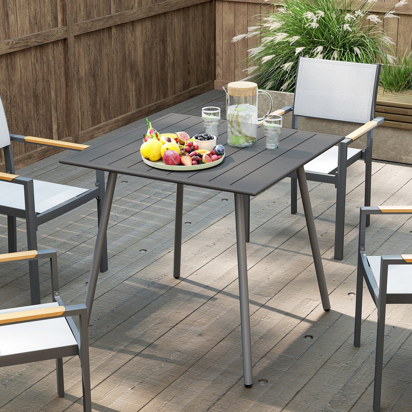 Outsunny Square Garden Table With Slat Top And Steel Frame For Four People 80 x 80 x 74 cm Grey