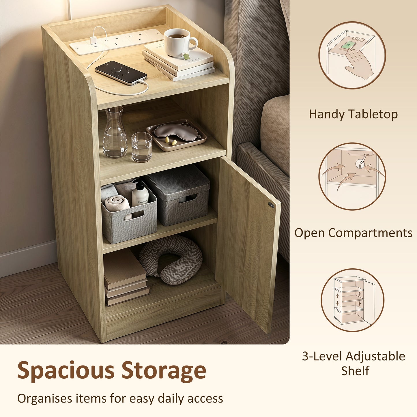 HOMCOM Slim Bedside Table Set Of 2 Oak With Charging Station