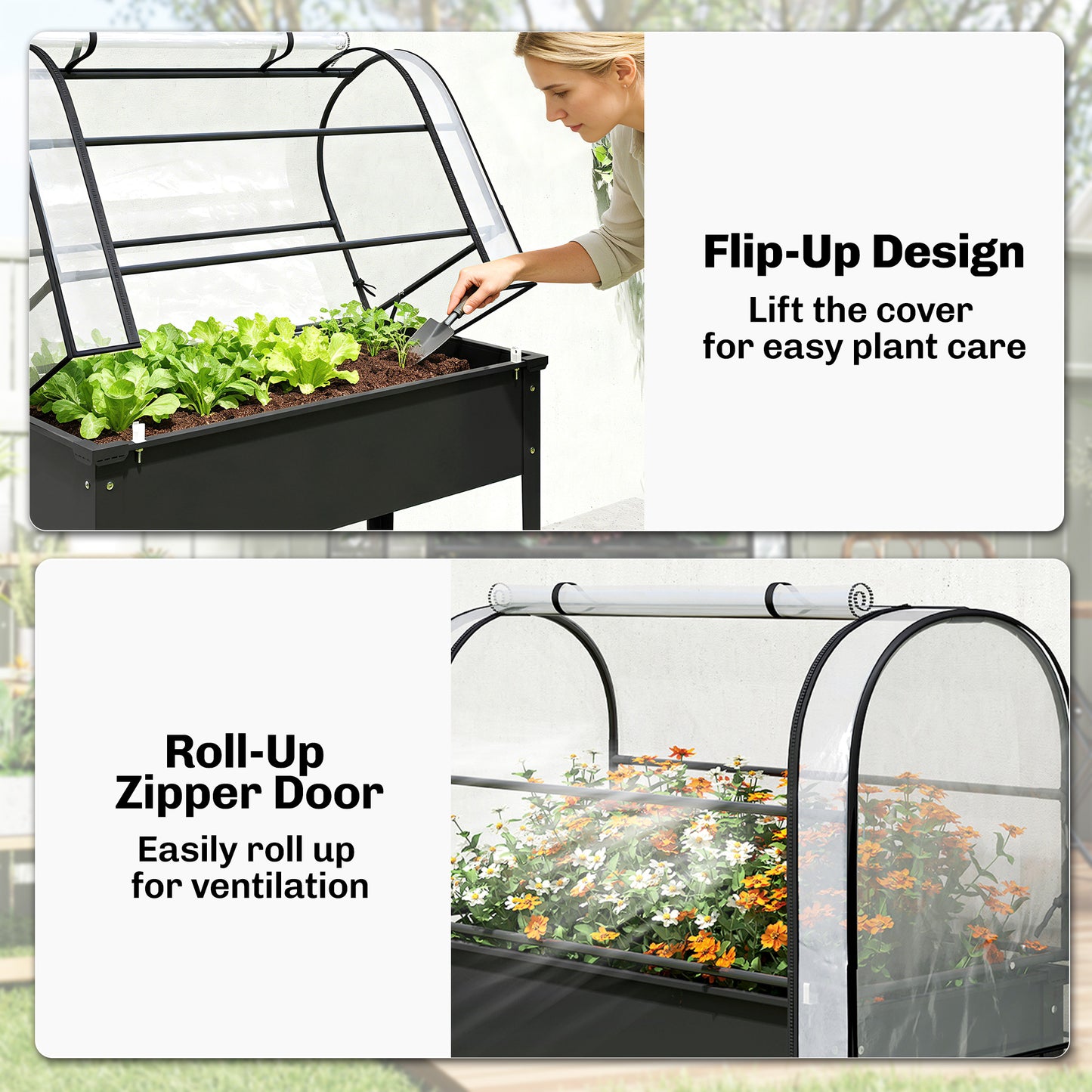Outsunny Raised Planter With Flip Up Greenhouse Cover On Legs Drainage Hole Black Metal Garden Bed
