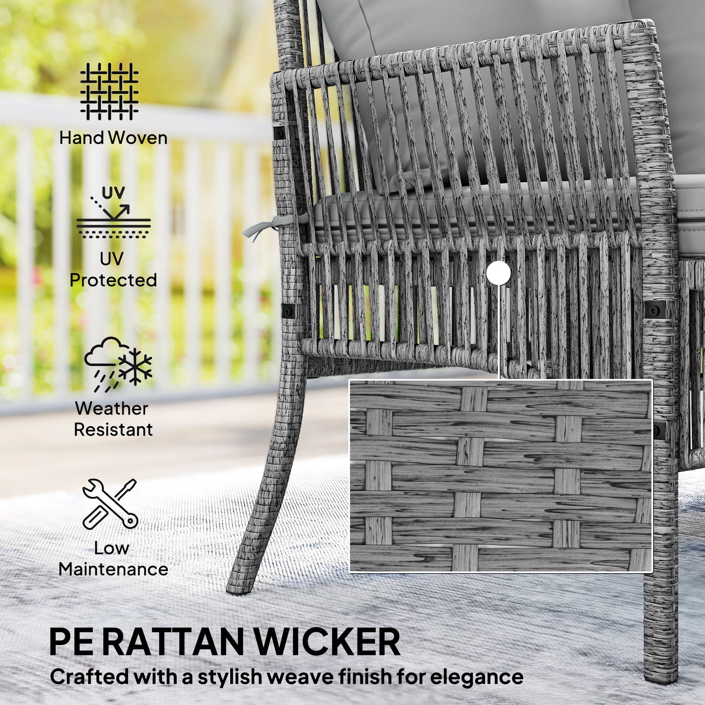 Outsunny 3 Piece Rattan Garden Furniture Set Corner Sofa With Chaise Lounge And Glass Coffee Table Dark Grey Cushions
