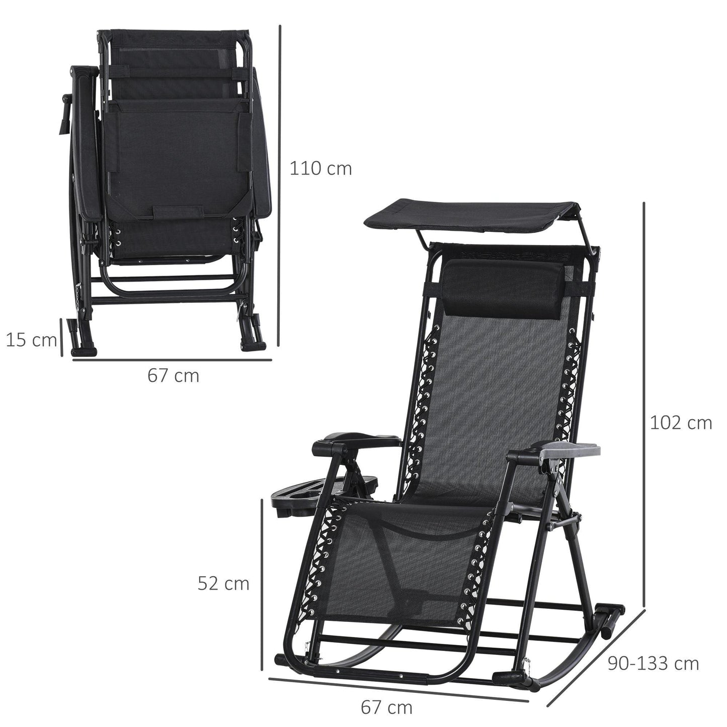 Outsunny Folding Rocking Chair with Headrest and Side Holder - Black - ALL4U RETAILER LTD