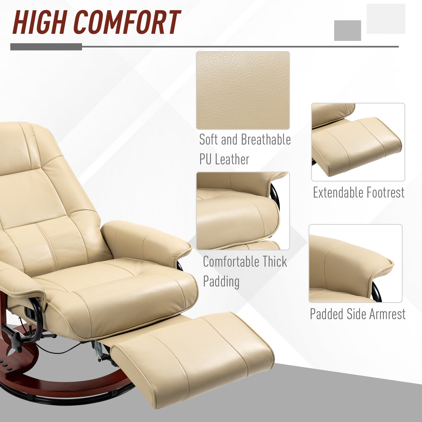 HOMCOM Reclining Armchair With Footrest Cream White 360 Degree Swivel Wood Frame Padded
