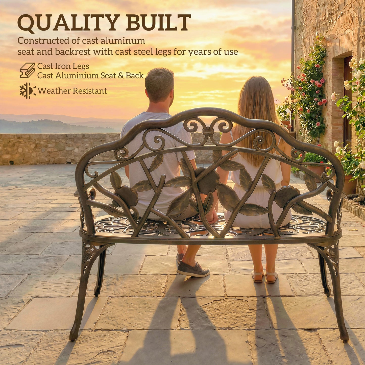 Outsunny Cast Aluminium Garden Bench In Bronze Tone With Classic Rose Pattern And Curved Front For Lasting Comfort